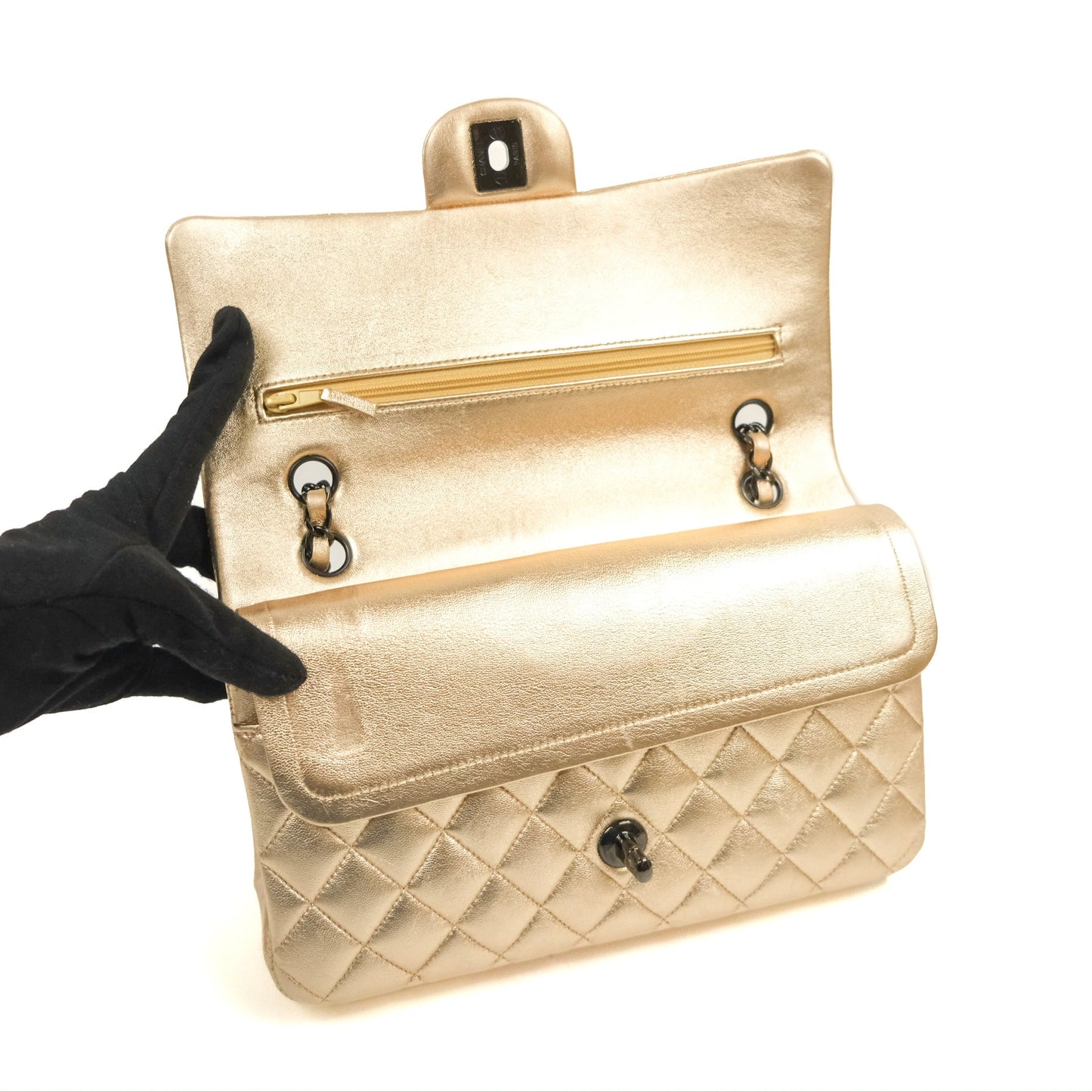 Chanel Classic M/L Medium Flap Quilted Metallic Gold Lambskin Gun Metal