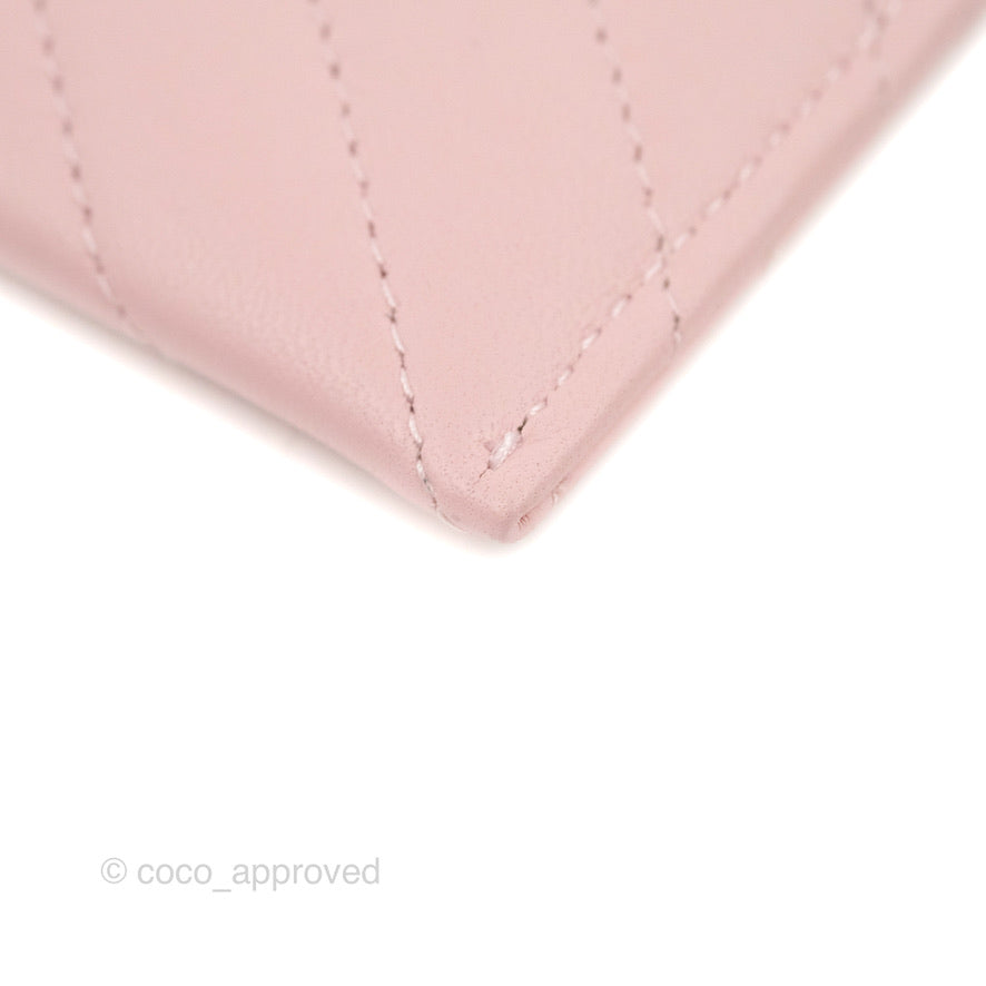 Chanel Chevron Classic Flat Card Holder Pink Lambskin Silver Hardware