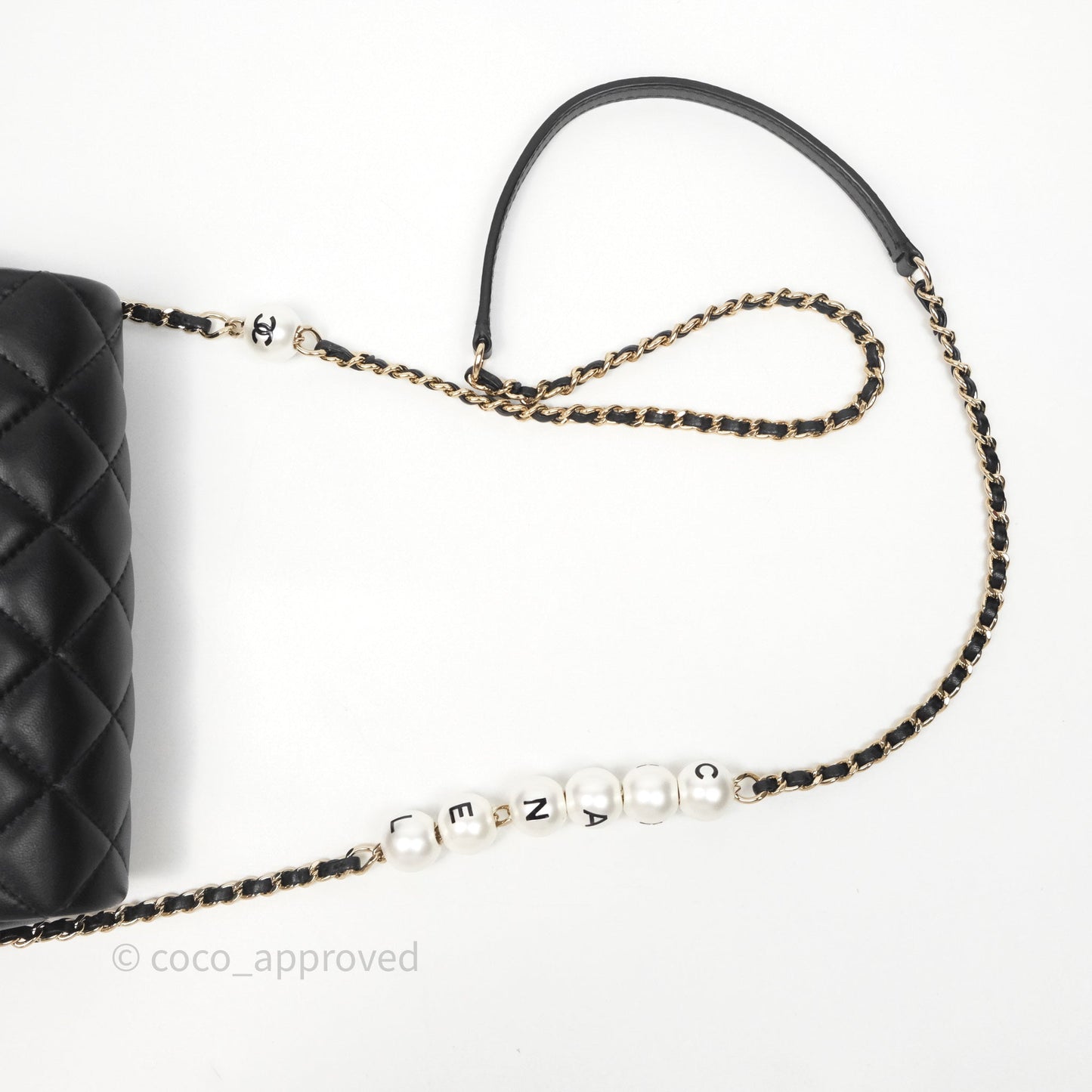 Chanel Logo Pearl Chain Flap Bag Black Lambskin Gold Hardware