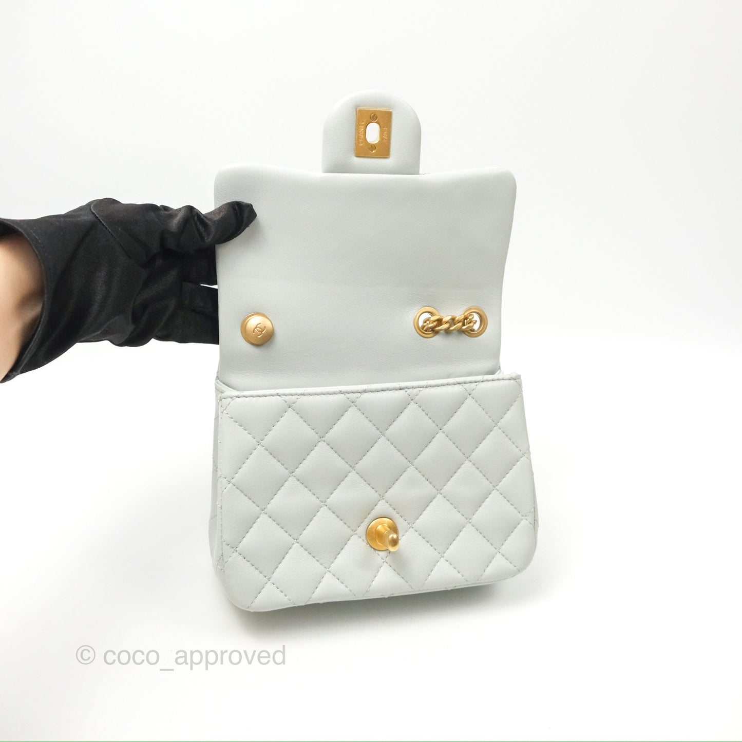 Chanel Quilted Mini Square Flap with Camellia Adjustable Chain Blue Clair Lambskin 23S
