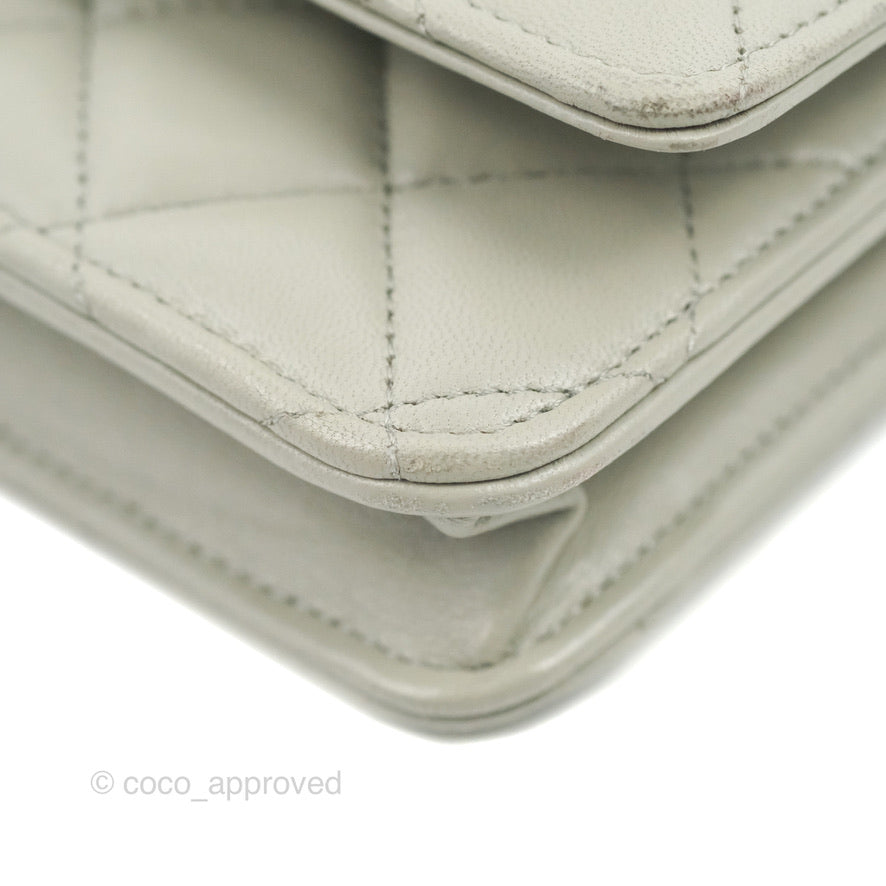 Chanel Quilted Classic Wallet on Chain WOC Light Grey Lambskin Gold Hardware