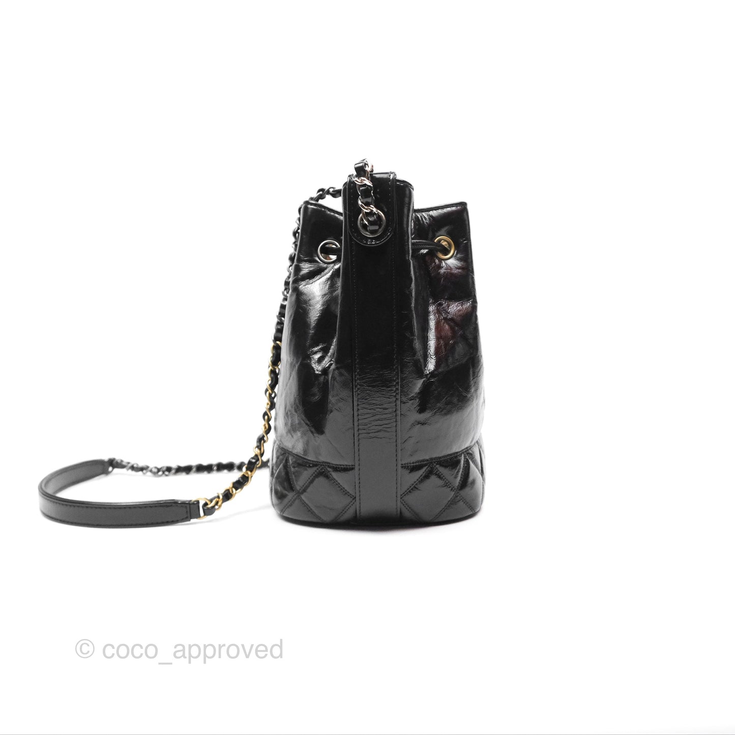 Chanel CC Drawstring Bucket Bag Black Shiny Aged Calfskin