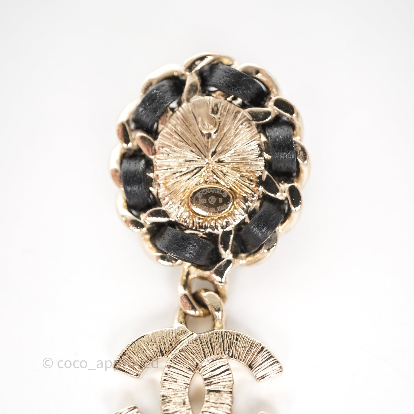 Chanel Oval Pearl Braided Black Leather Drop Crystal CC Earrings Gold Tone 21B