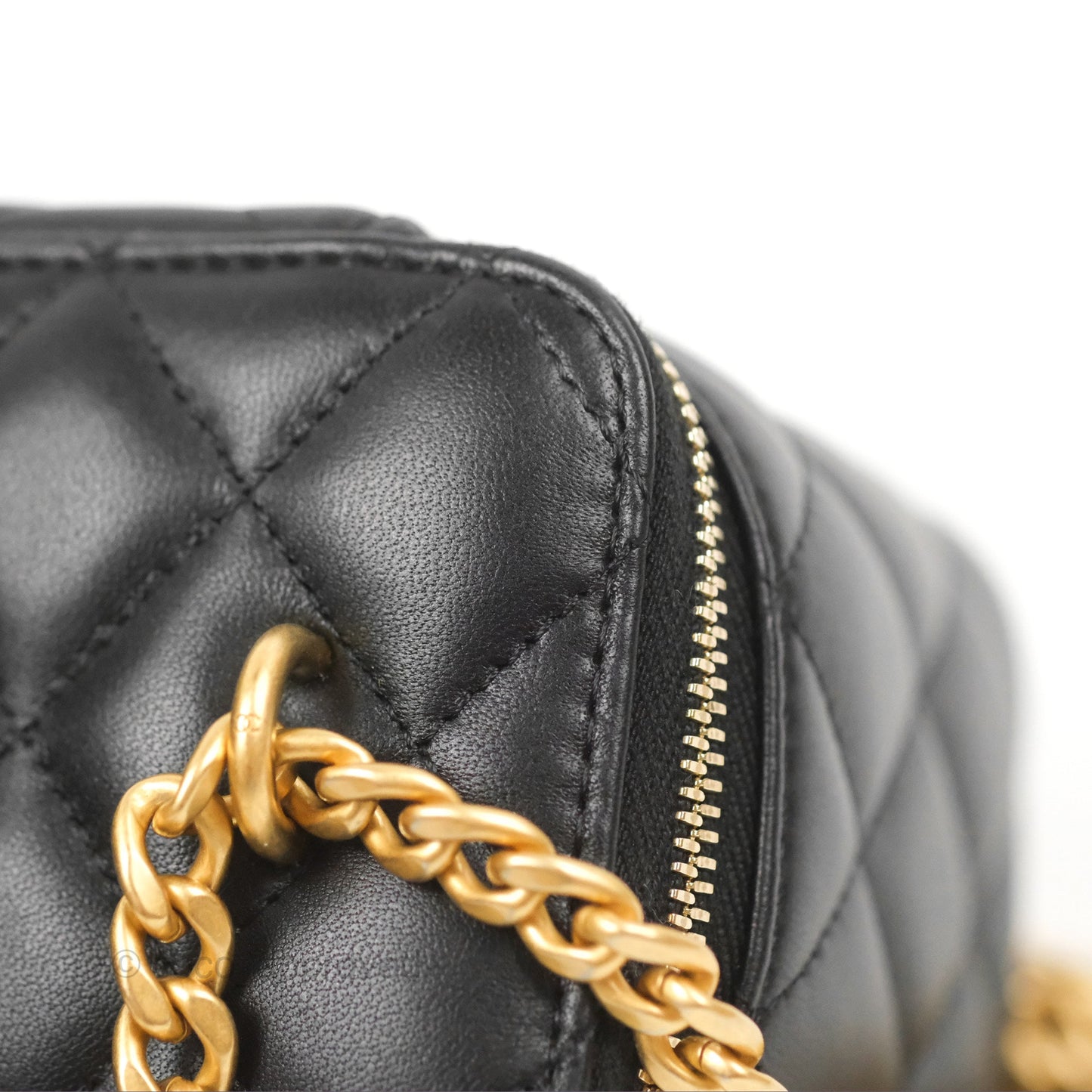 Chanel Quilted Vanity Rectangular with Camellia Adjustable Chain Black Lambskin 23S