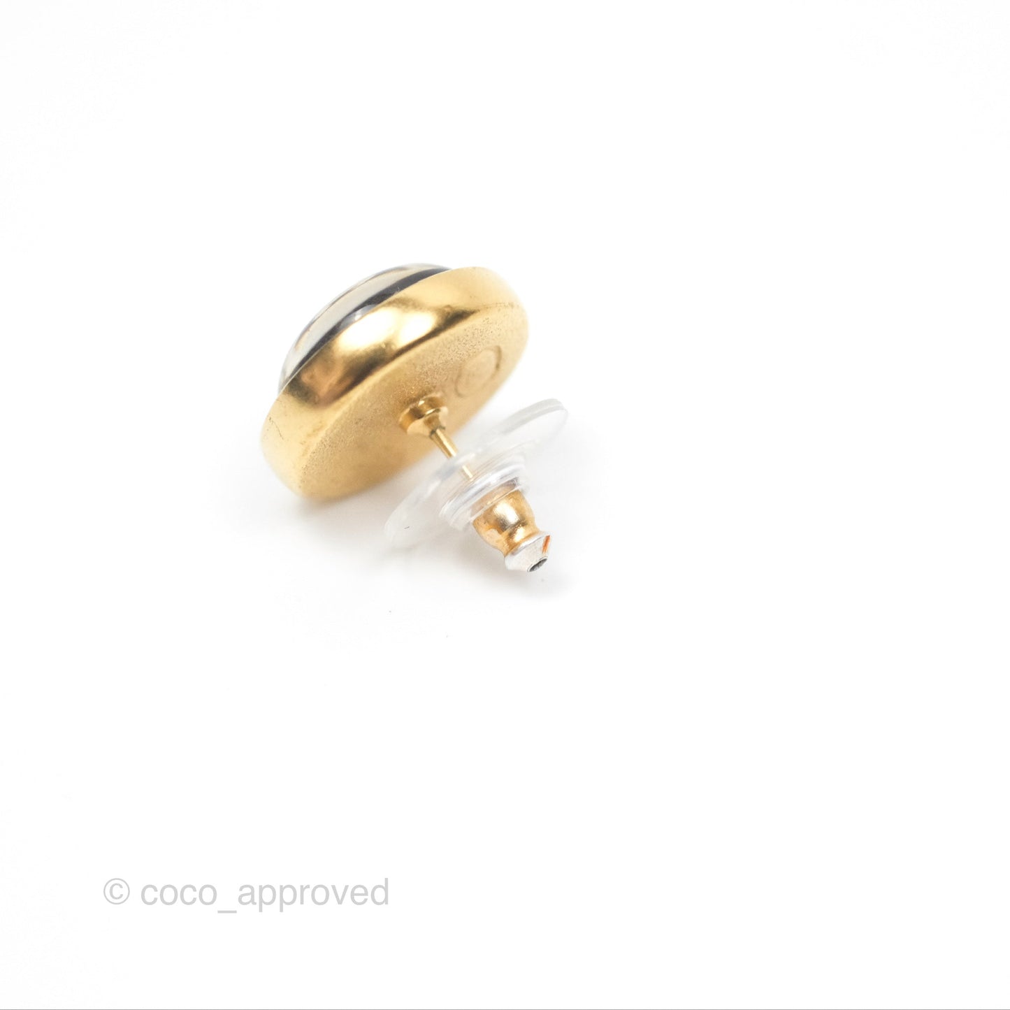 Chanel Round Black CC Perfume Bottle Earrings Gold Tone 20B