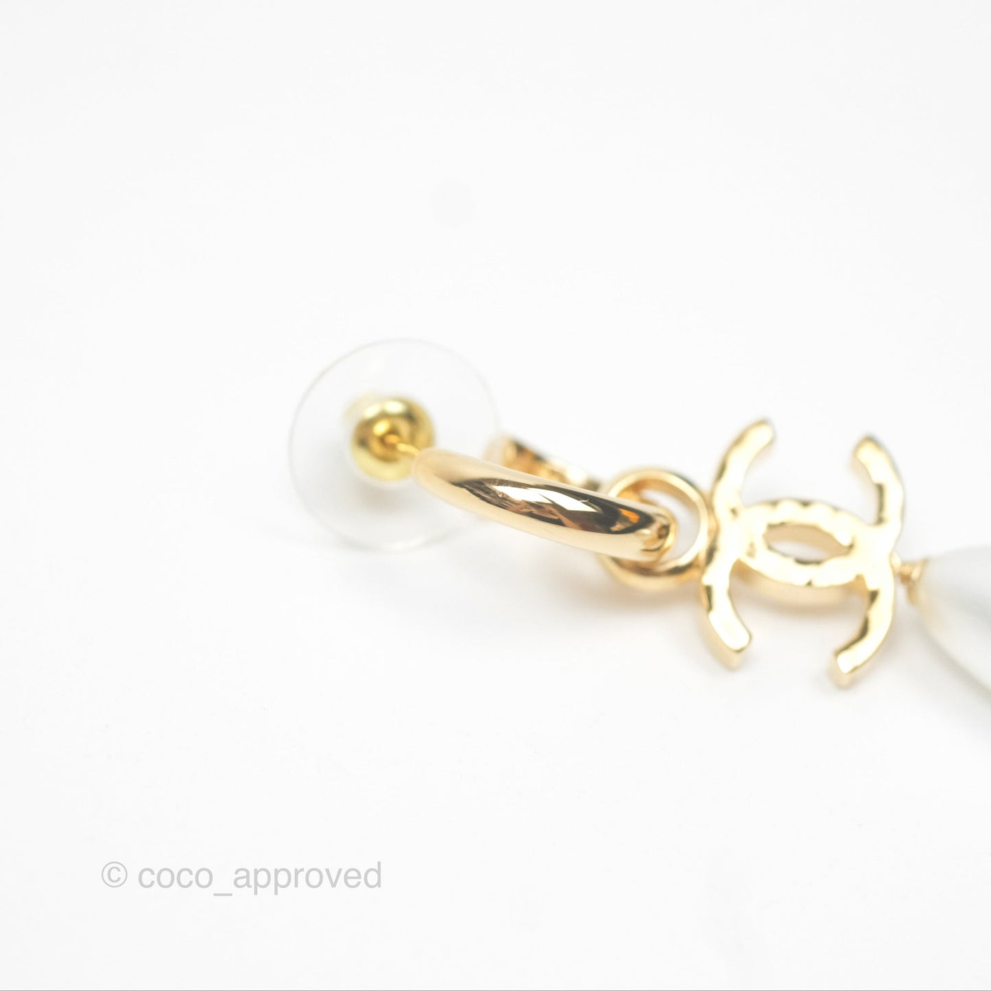 Chanel CC Pearl Drop Hoop Earrings Gold Tone 24S