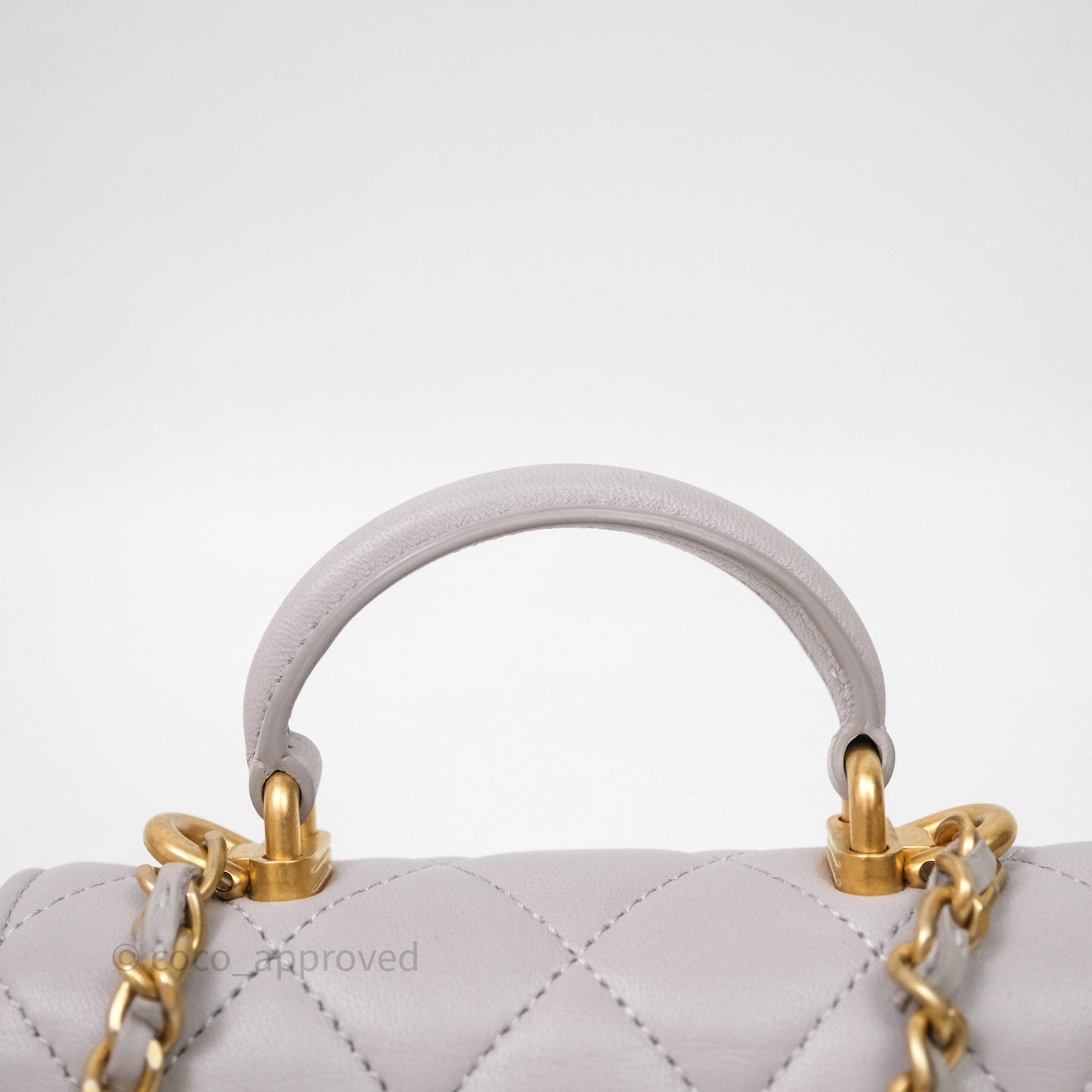 Chanel Mini Handle Flap Coin Purse With Chain Grey Lambskin Aged Gold Hardware