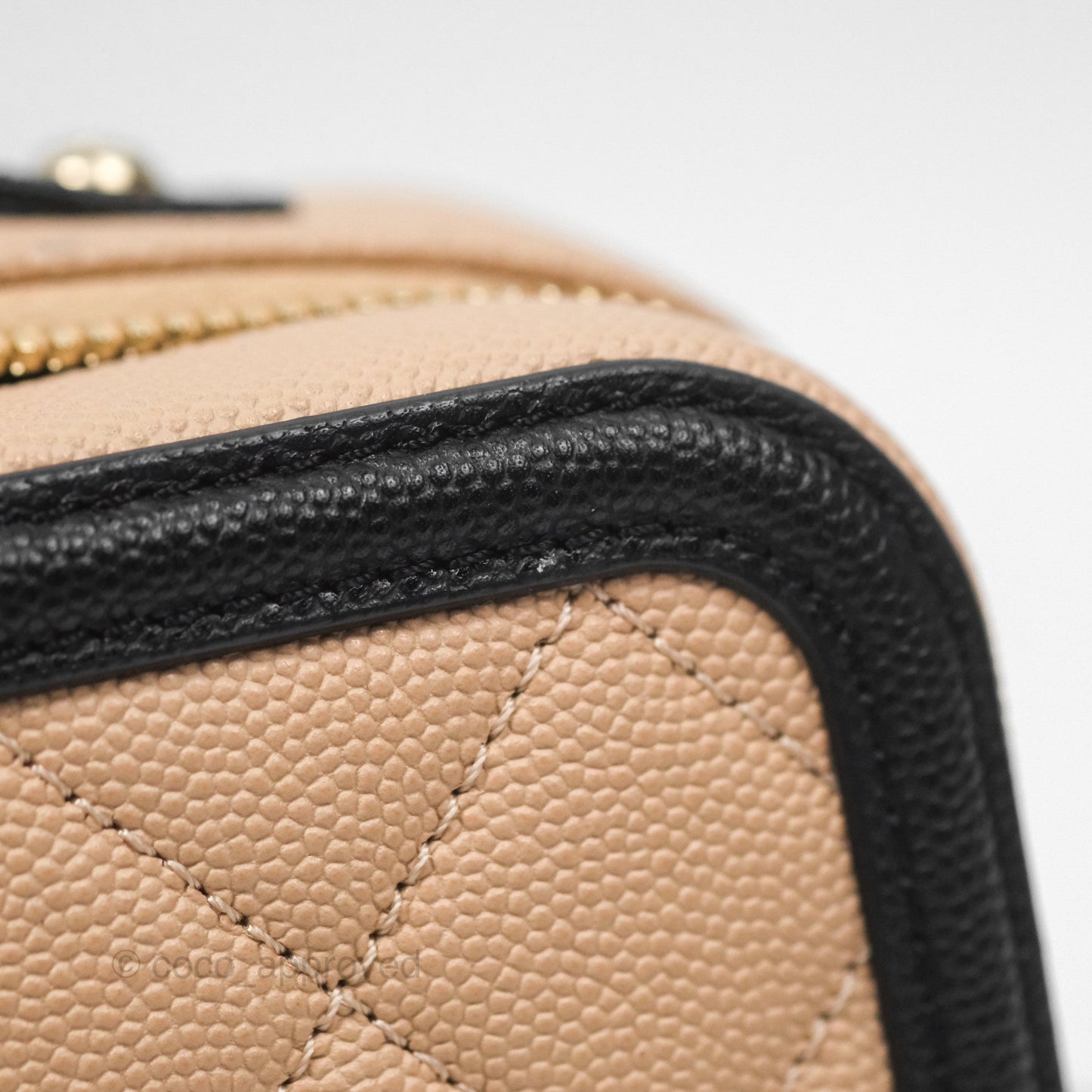 Chanel Quilted New Small CC Filigree Vanity Case Beige Caviar Gold Hardware