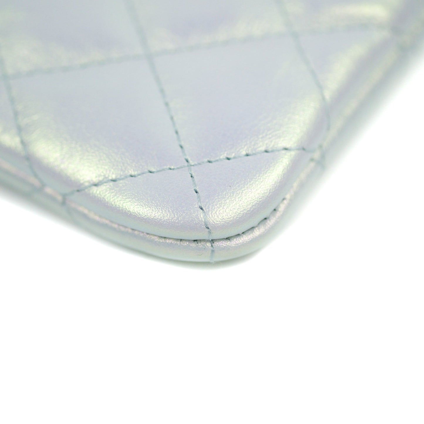 Chanel Quilted Mini O Case Iridescent Icy Blue Calfskin Silver Hardware