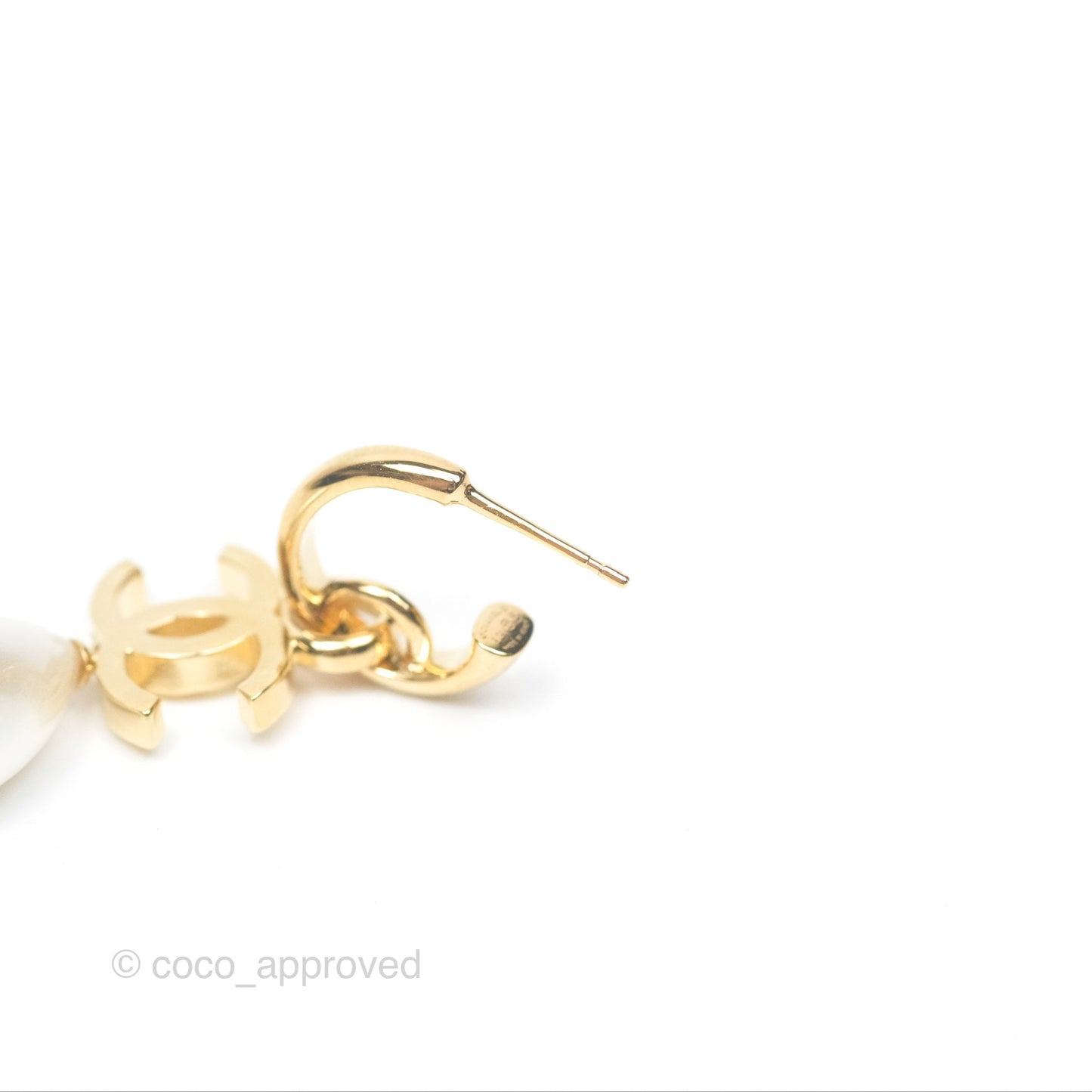 Chanel CC Pearl Drop Hoop Earrings Gold Tone 24S