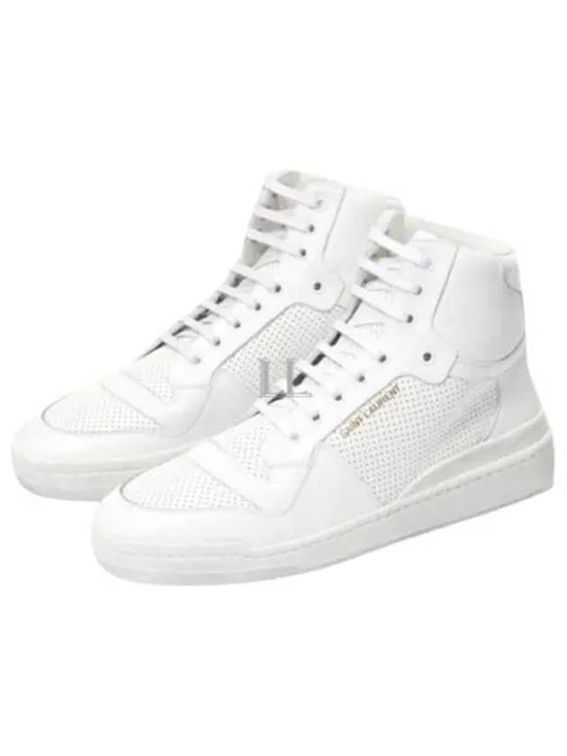 Luxury Saint Laurent Men's SL24 Used-Look Perforated Leather Mid Top Sneakers White