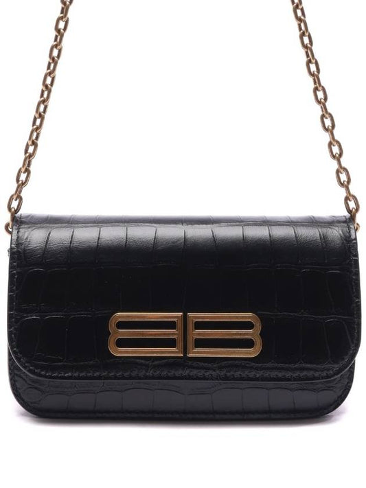 Luxury Balenciaga Gossip BB Logo Crocodile Chain Shoulder Bag Black