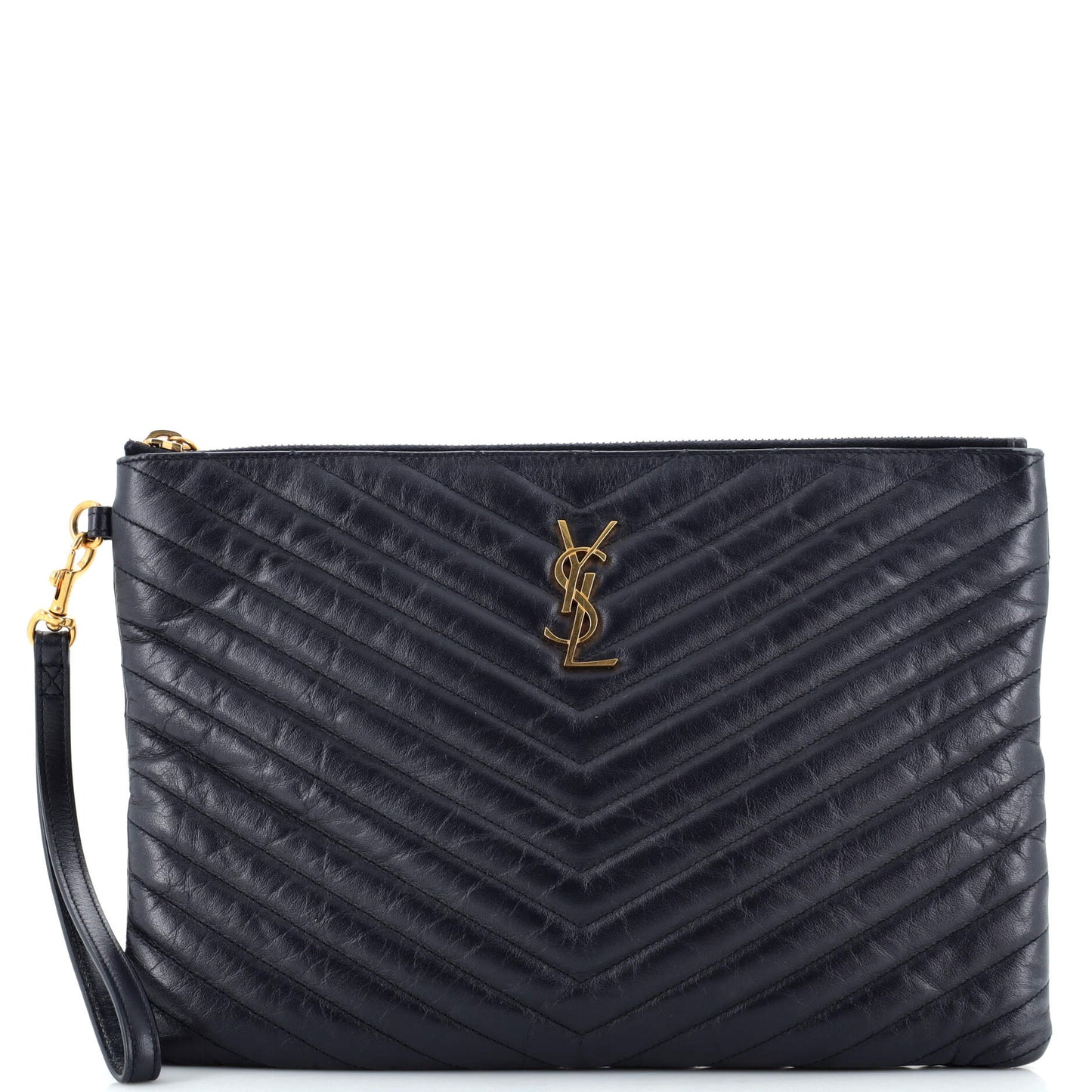 Luxury Saint Laurent Classic Monogram Wristlet Pouch Matelasse Chevron Leather Medium