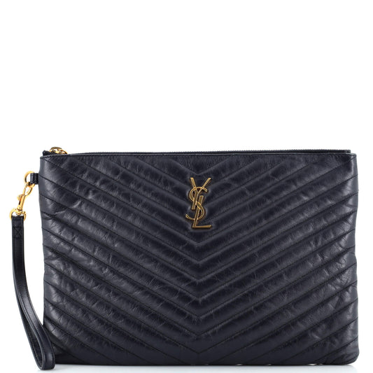 Luxury Saint Laurent Classic Monogram Wristlet Pouch Matelasse Chevron Leather Medium