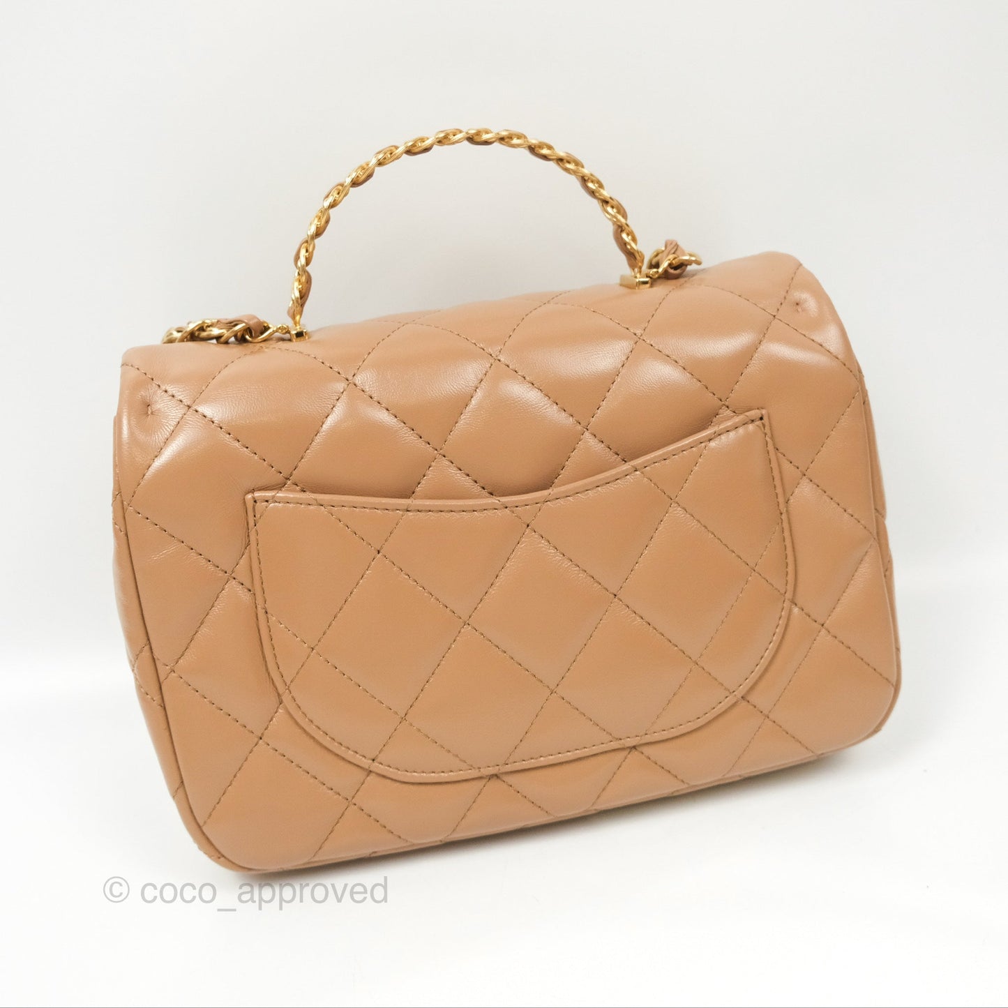 Chanel Top Handle Flap Bag Beige Shiny Lambskin Gold Hardware 23A