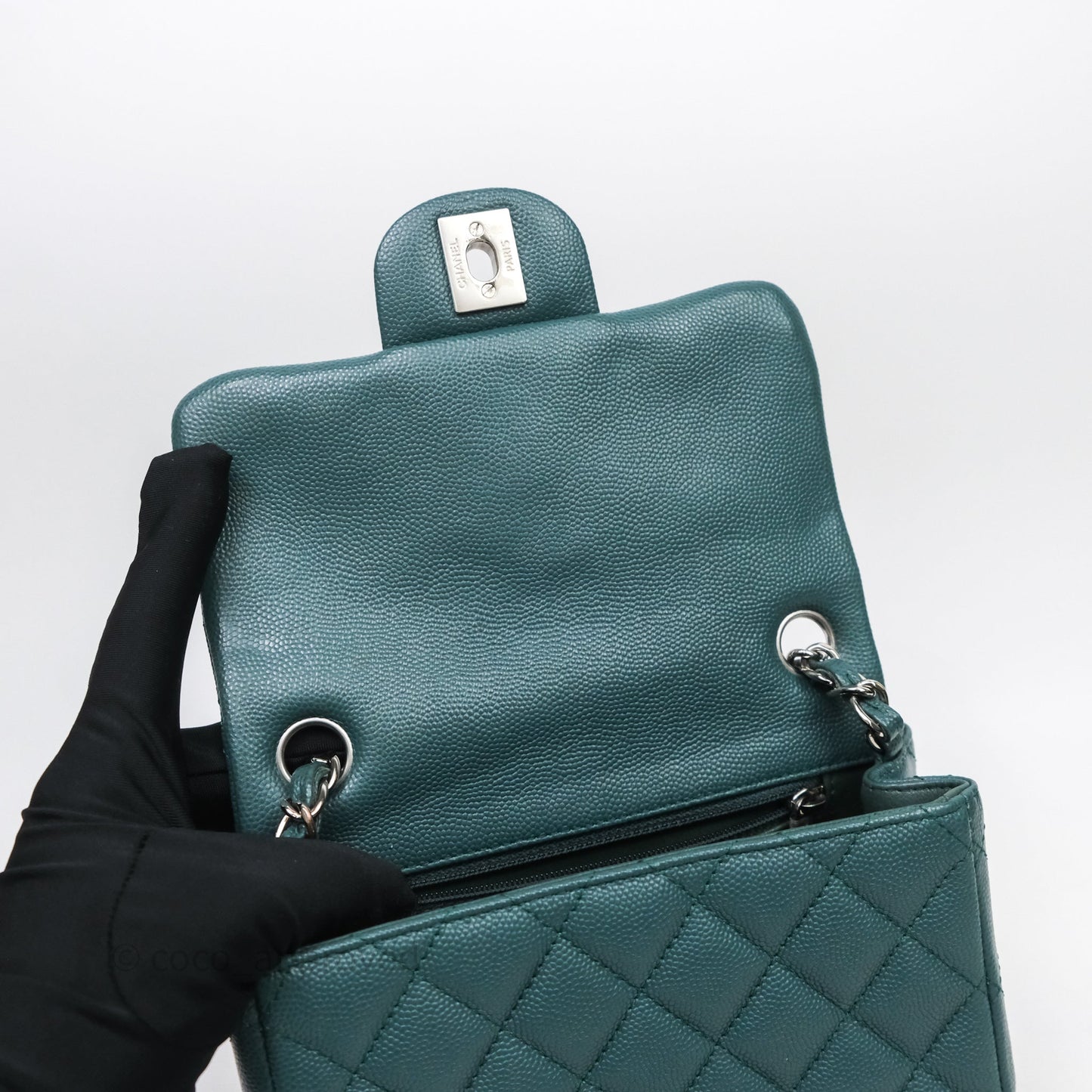 Chanel Quilted Mini Square Flap Dark Green Caviar Silver Hardware