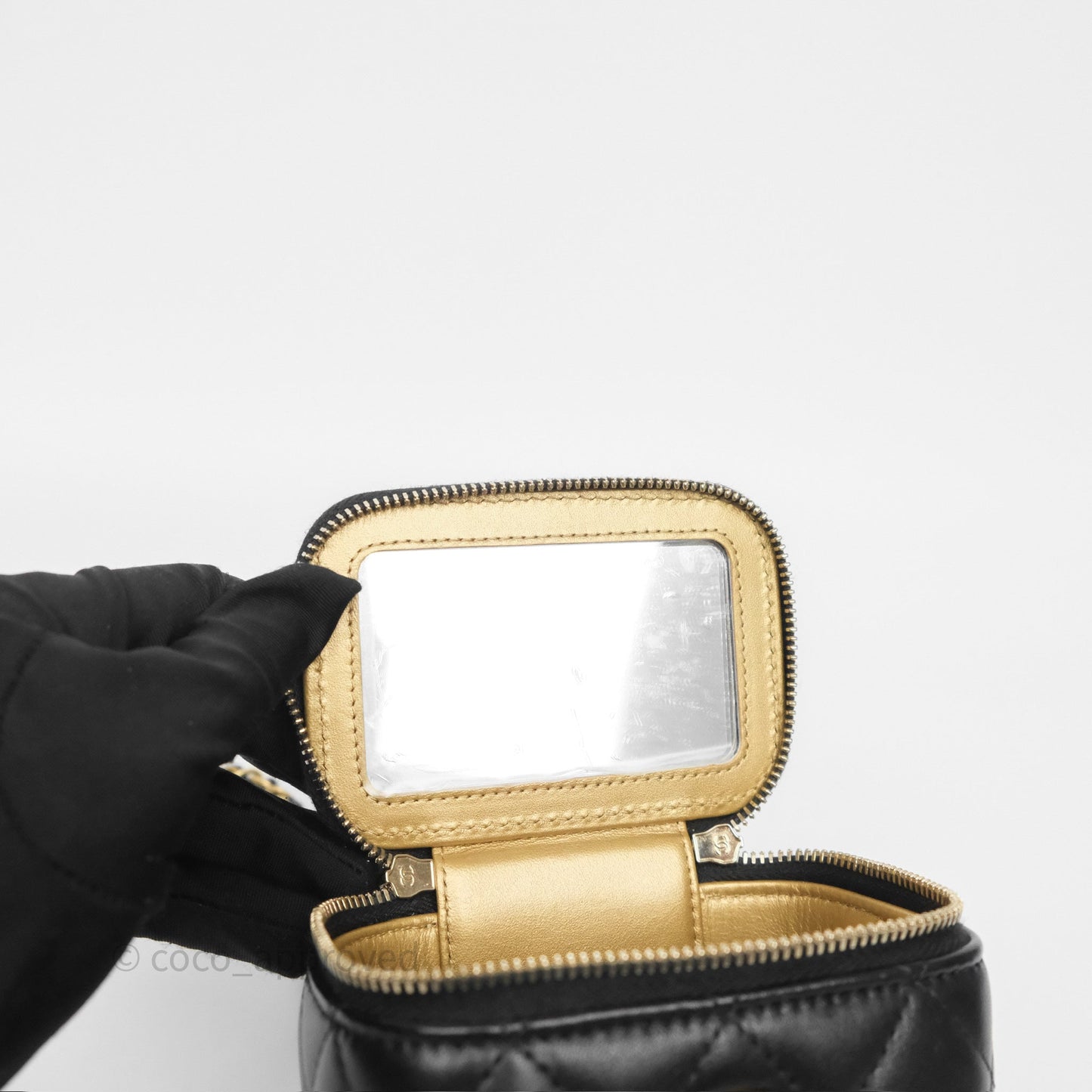 Chanel Quilted Pearl Crush Mini Vanity With Chain Black Lambskin Aged Gold Hardware