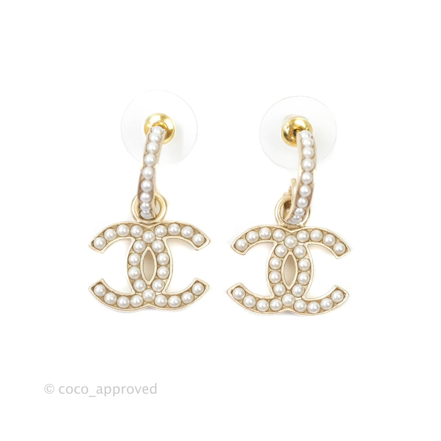 Chanel CC Pearl Hoop Earrings Gold Tone 21P