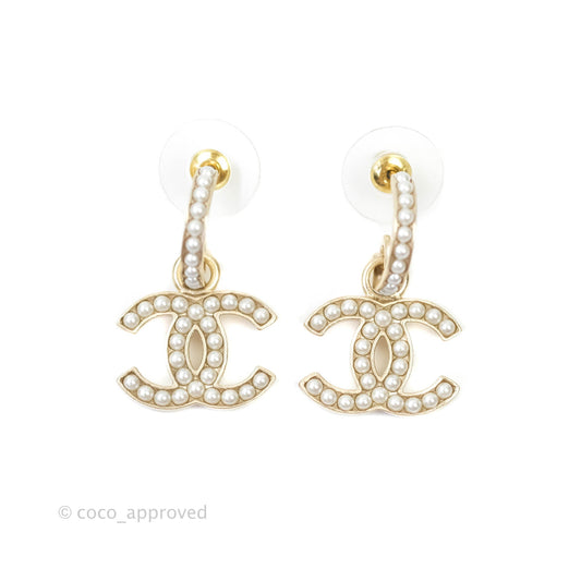 Chanel CC Pearl Hoop Earrings Gold Tone 21P
