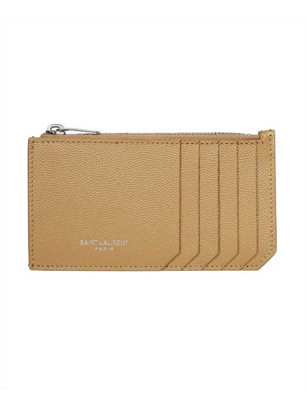 Luxury Saint Laurent Logo Print Pebbled Leather Card Wallet Brown