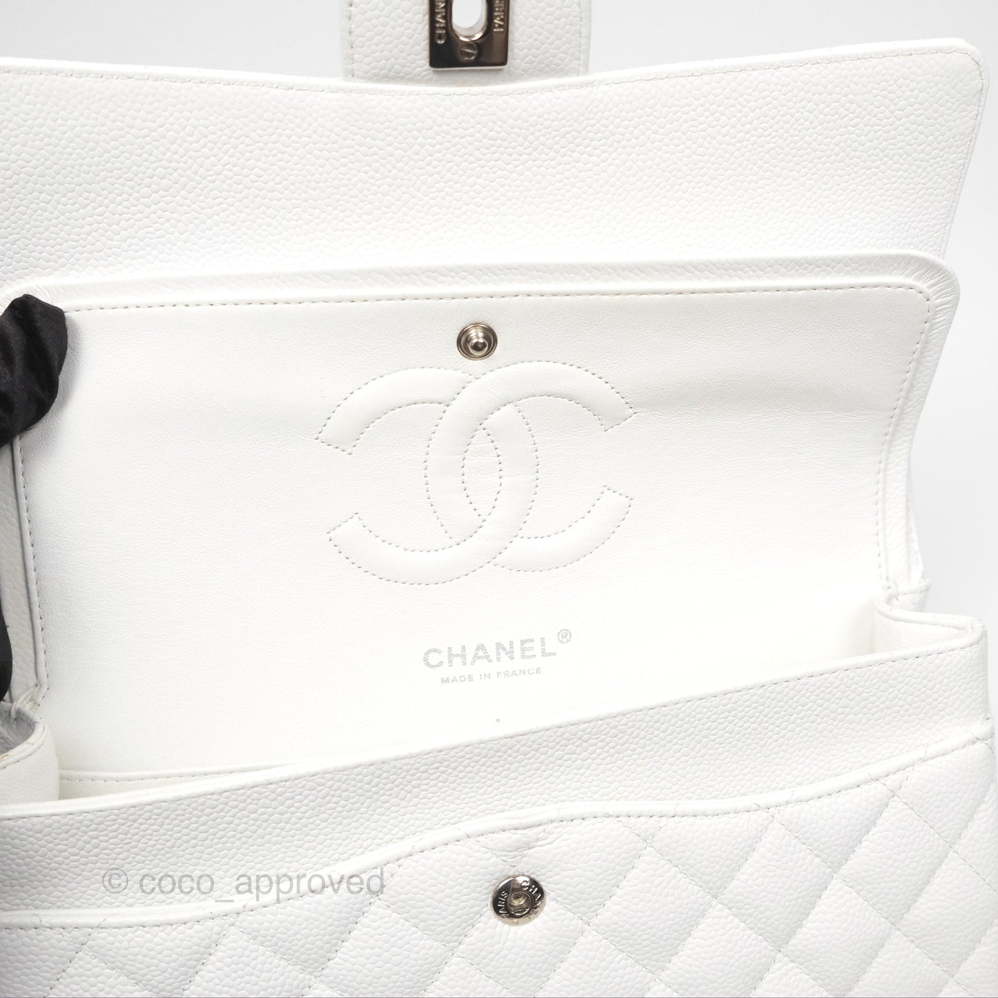 Chanel Classic M/L Medium Flap Quilted White Caviar Silver Hardware