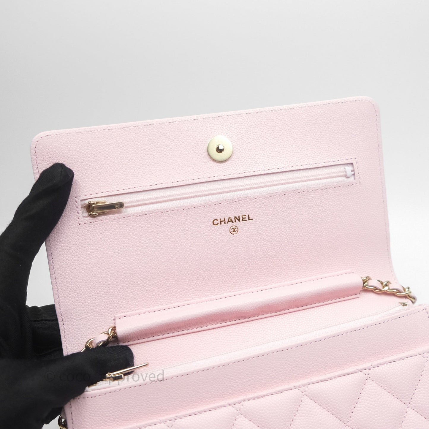 Chanel Classic Quilted Wallet on Chain WOC Light Pink Caviar Gold Hardware