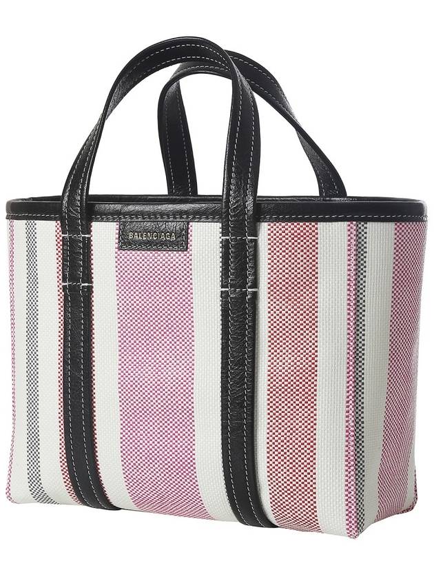 Luxury Balenciaga Barbes East West Raffia Striped Shopper Tote Bag Pink