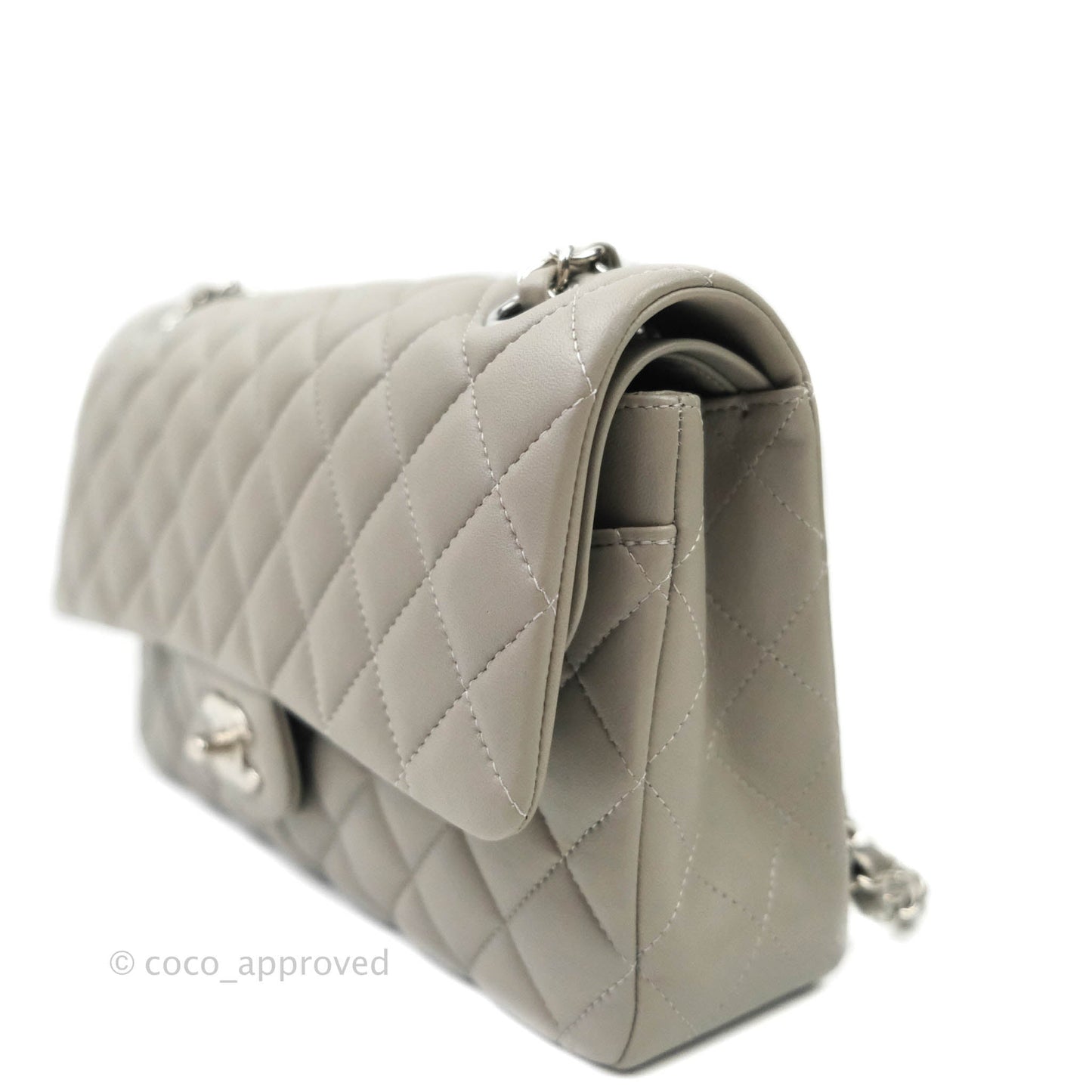 Chanel M/L Medium Double Flap Bag Grey Lambskin Silver Hardware 19B