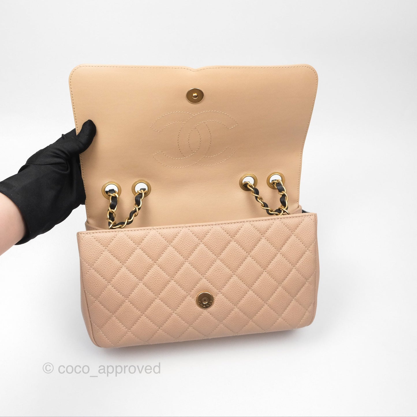 Chanel Quilted Medium CC Filigree Flap Beige Black Caviar