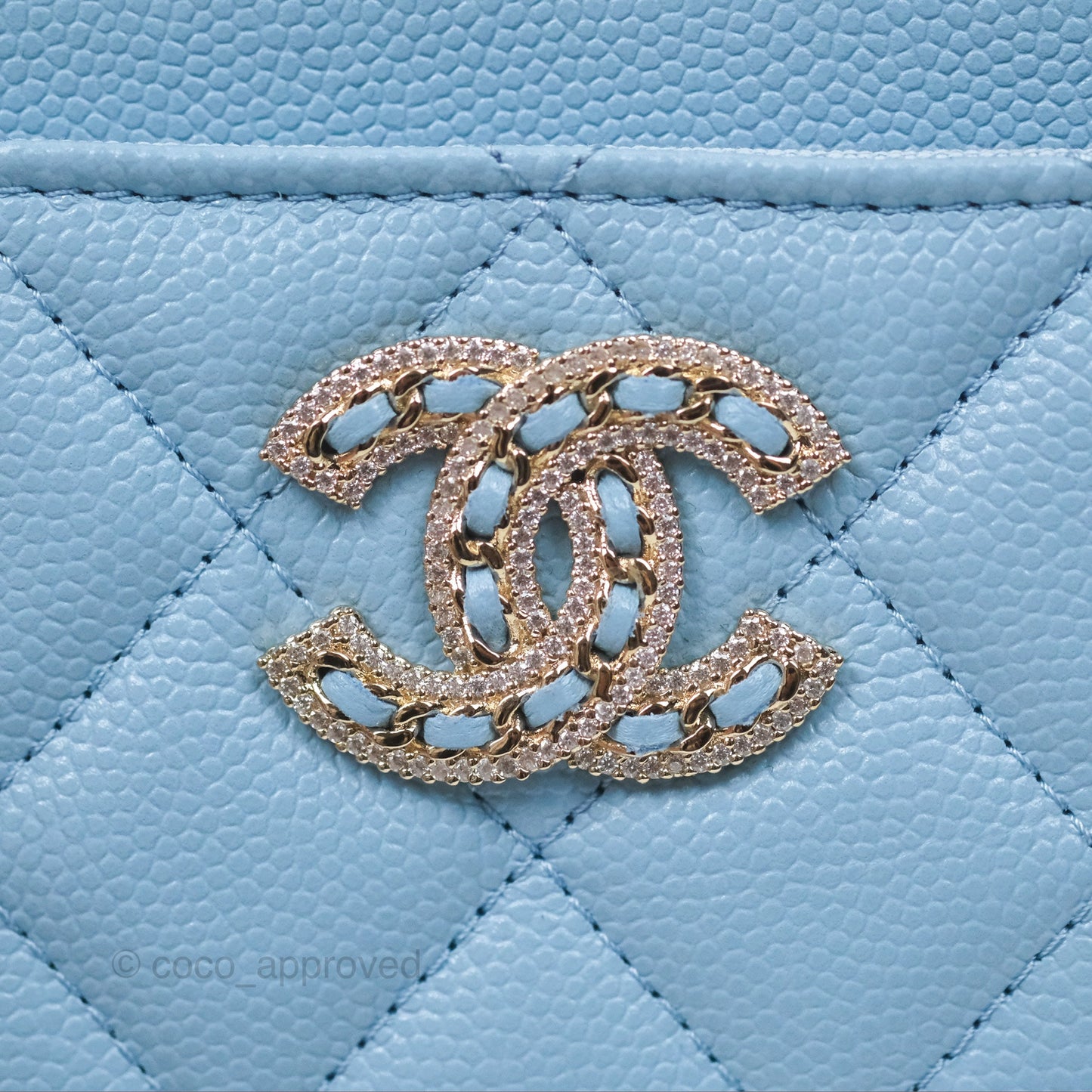 Chanel Quilted Crystal CC Zip Card Holder Wallet Light Blue Caviar Gold Hardware