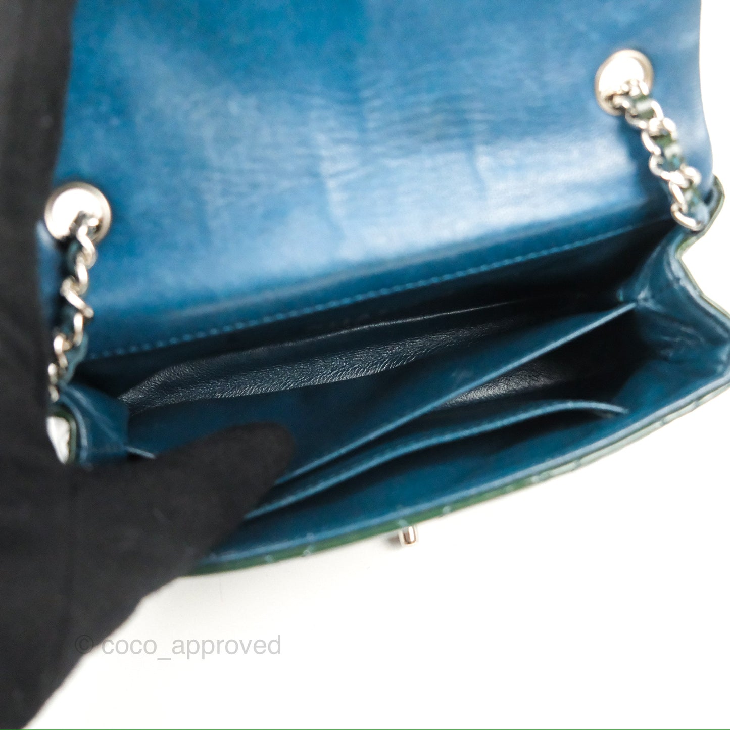 Chanel Quilted Extra Mini Rectangular Flap Teal Patent Silver Hardware