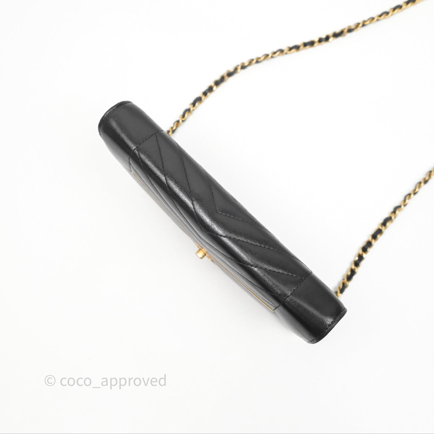 Chanel Reversed Chevron Wallet On Chain WOC Black Lambskin Aged Gold Hardware