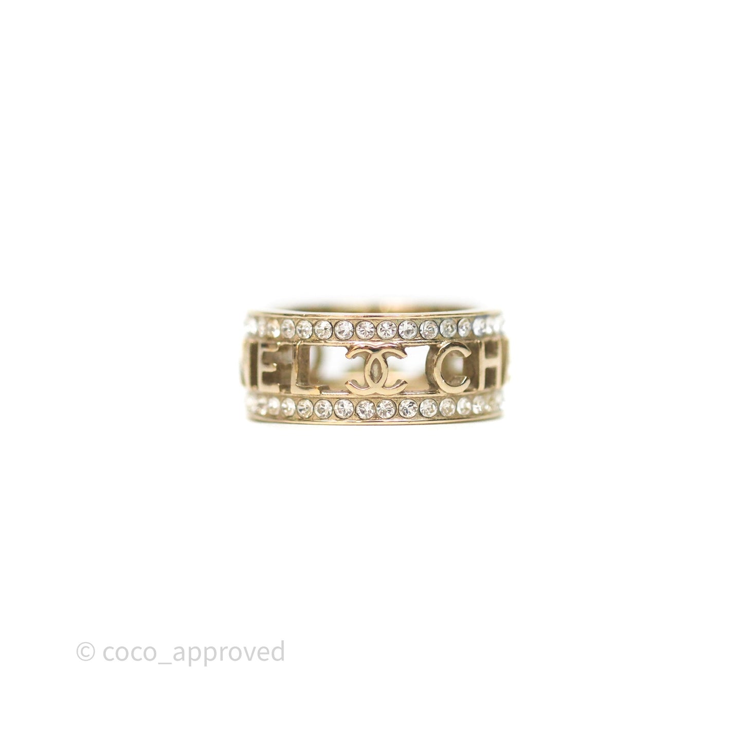Chanel Crystal Logo Ring Gold Tone 20B