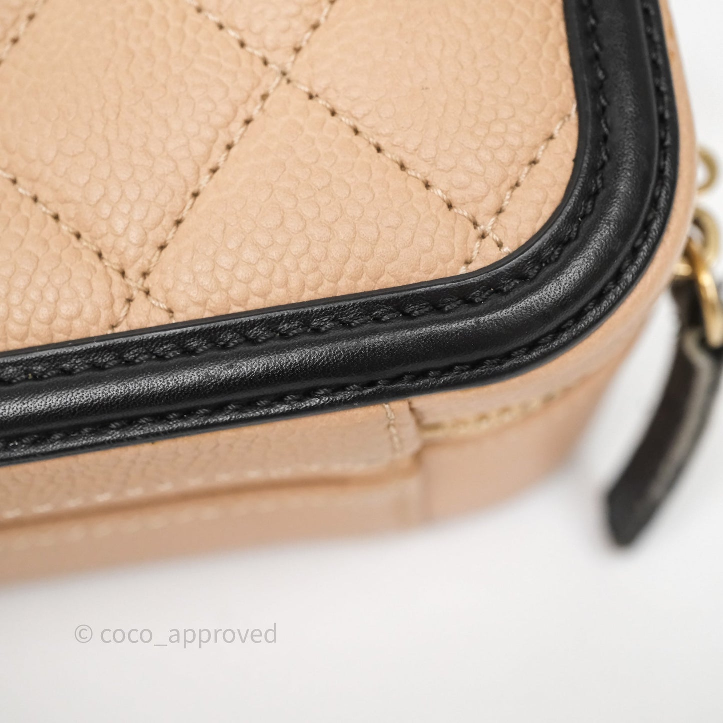 Chanel Quilted Medium CC Filigree Vanity Case Beige Black Caviar Aged Gold Hardware