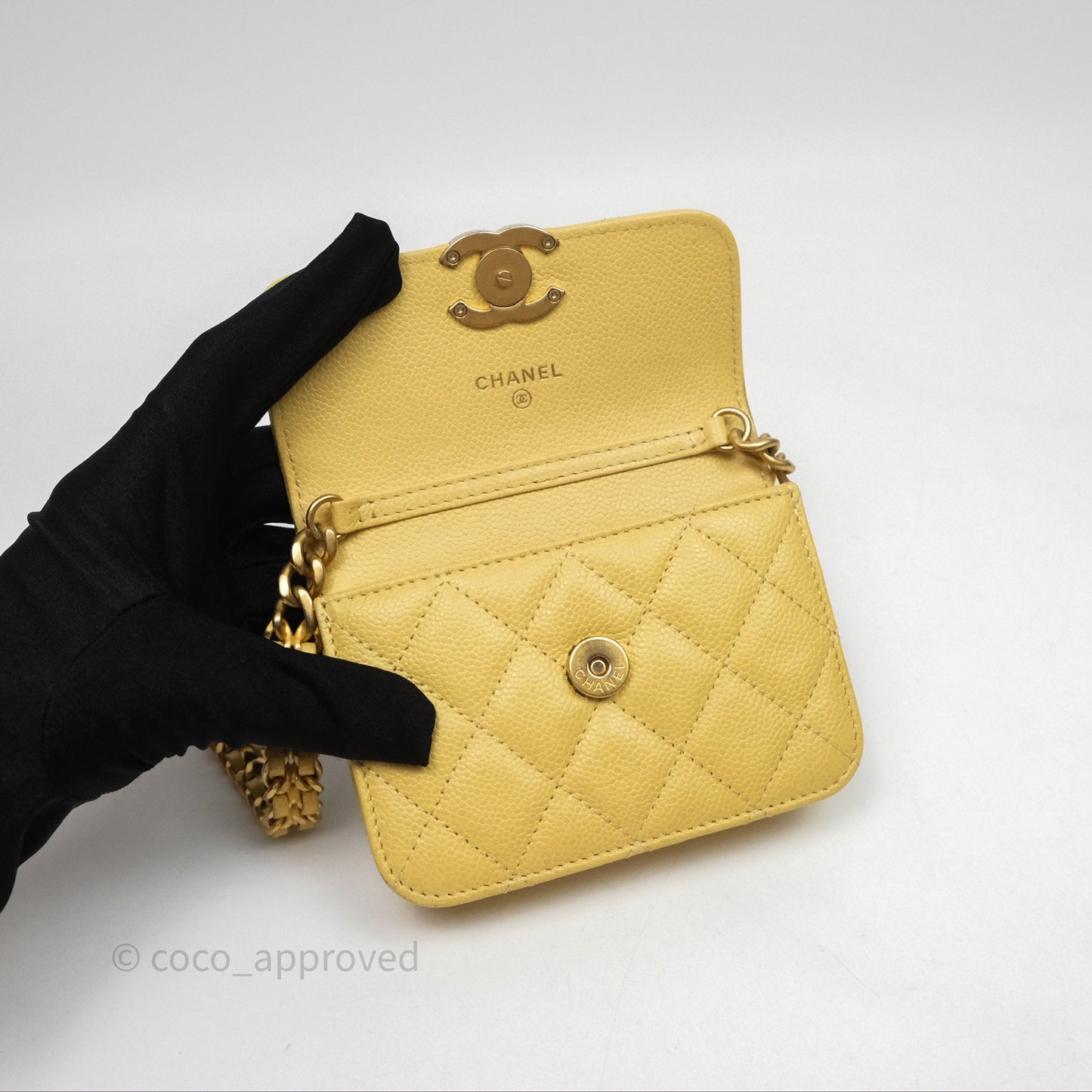 Chanel Mini Clutch With Chain Yellow Caviar Aged Gold Hardware