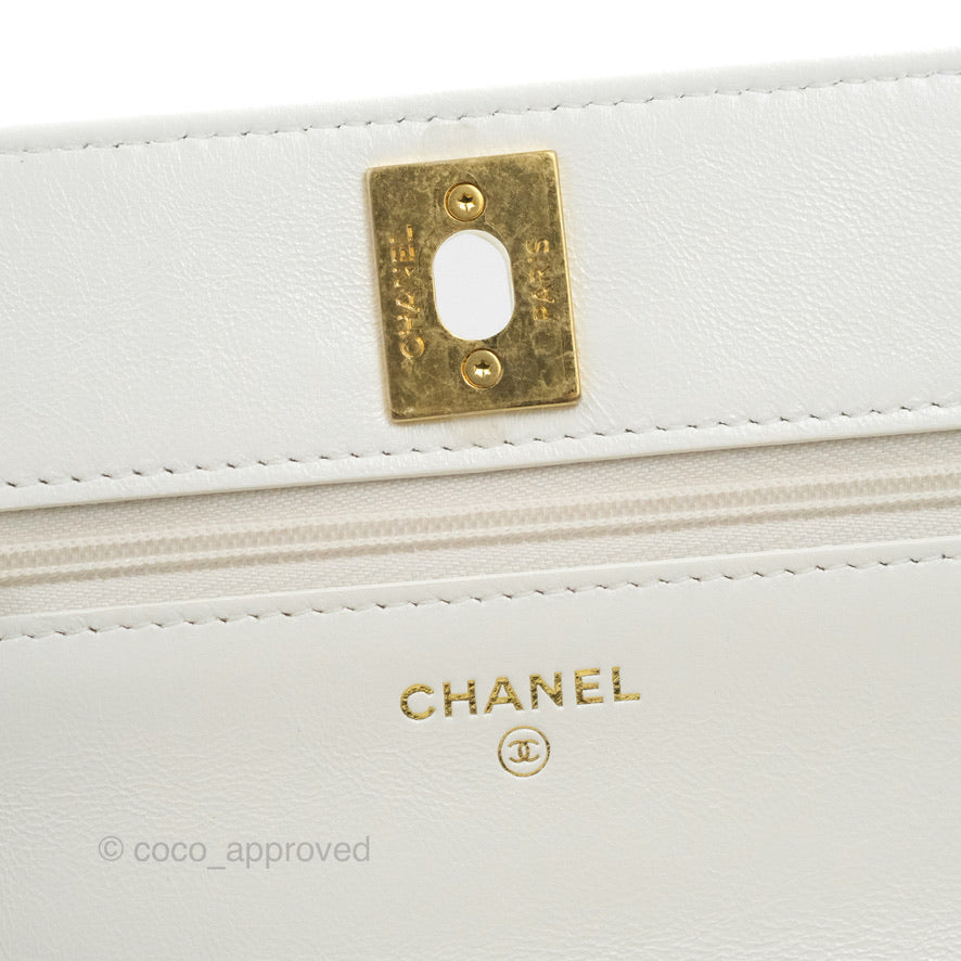 Chanel Quilted Double Chain WOC White Shiny Lambskin Aged Gold Hardware 23C