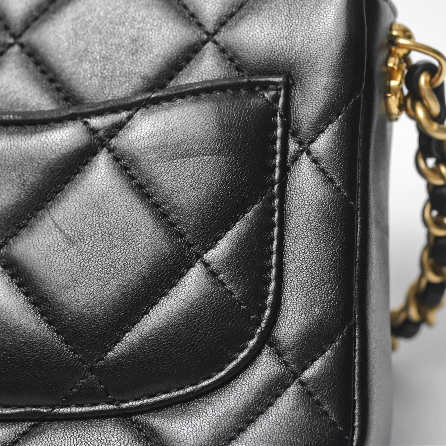 Chanel Logo Mini Square Flap Bag Black Lambskin Aged Gold Hardware 21B