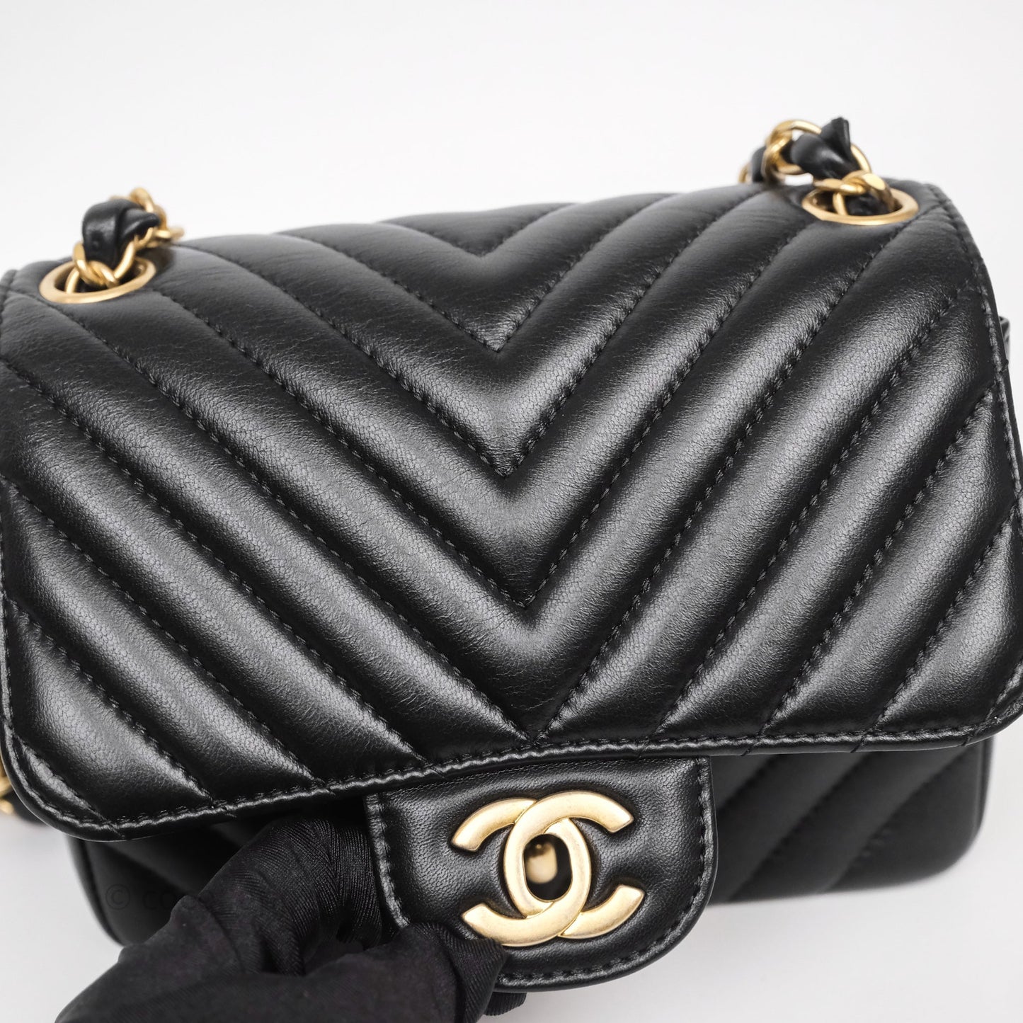 Chanel Mini Square Flap Chevron Black Lambskin Aged Gold Hardware