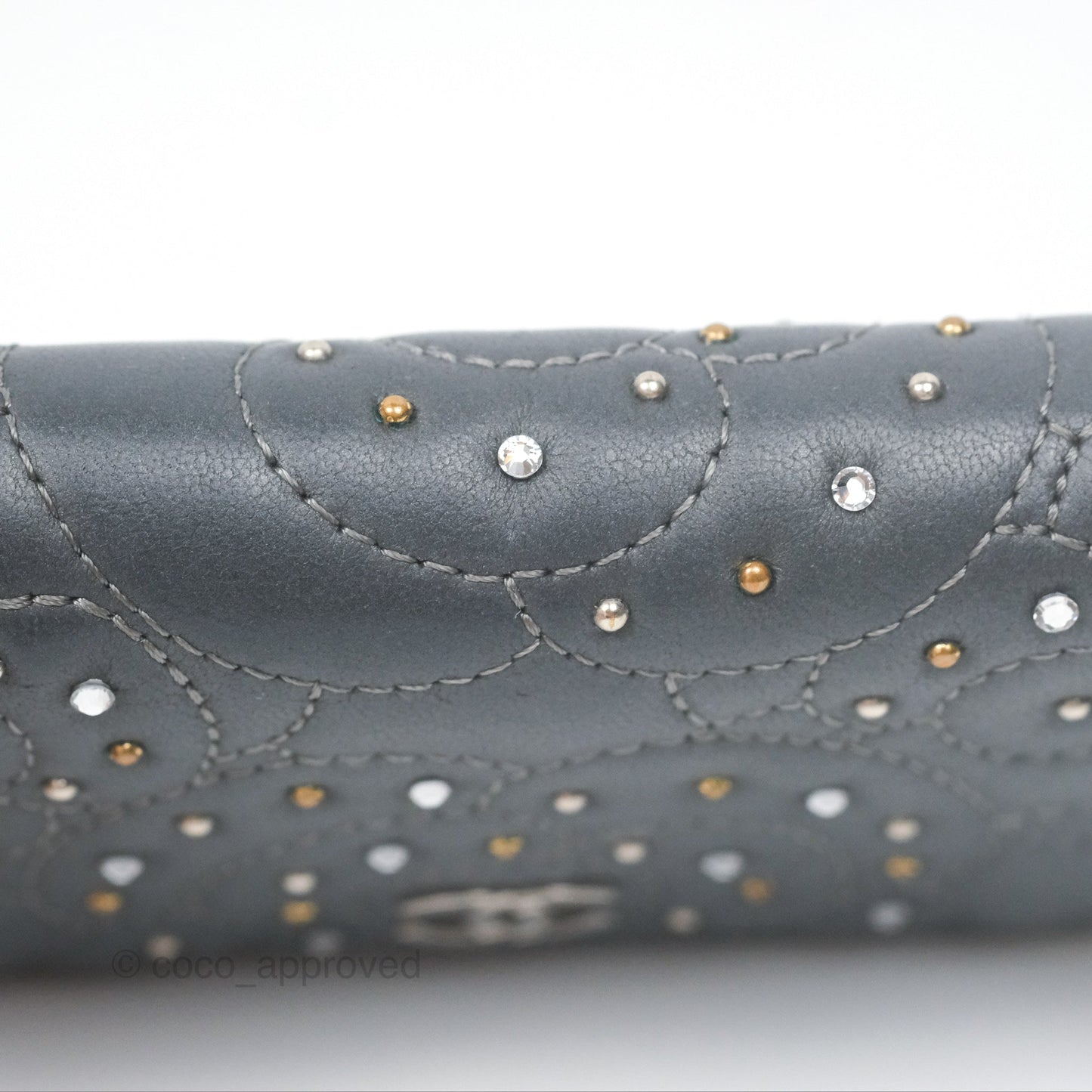 Chanel Camellia Crystal Studded Zipped Coin Purse Grey Silver Hardware