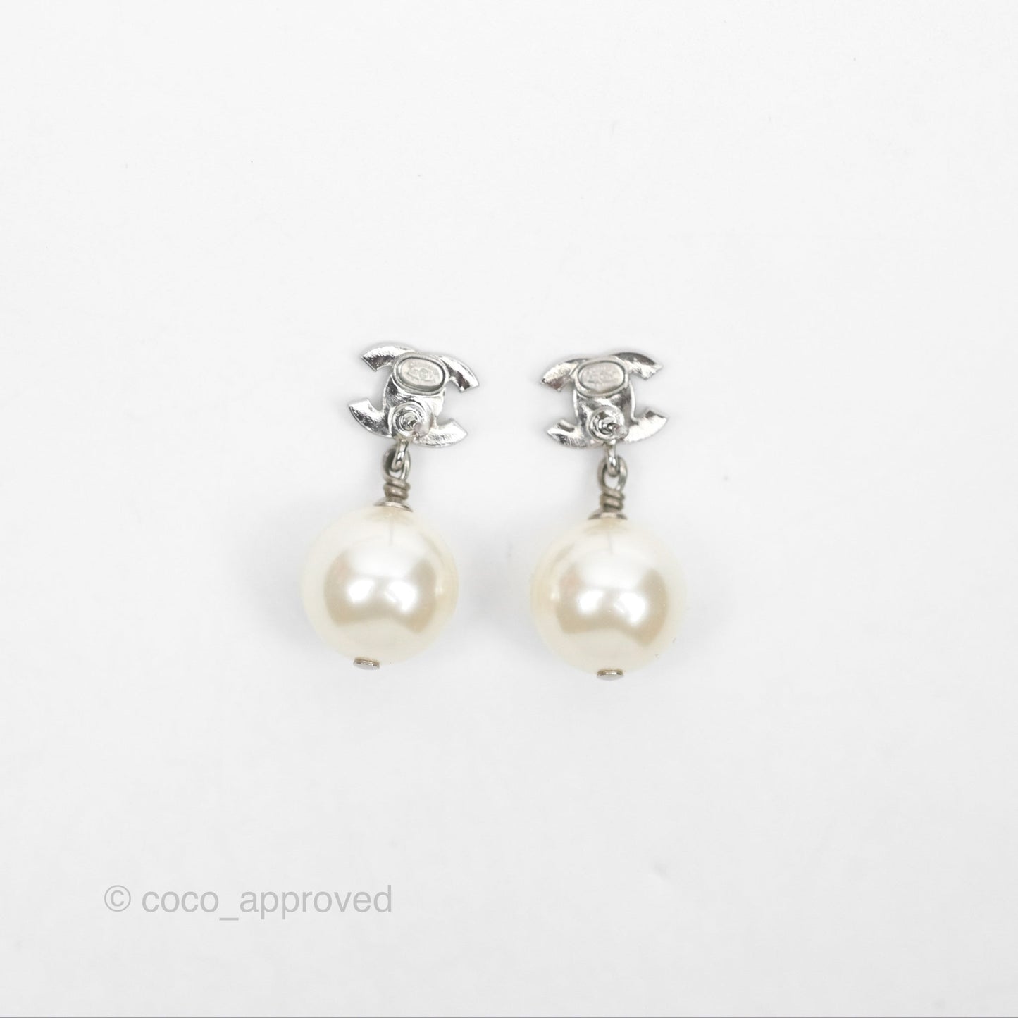 Chanel CC Crystal Pearl Drop Earrings Silver Tone 23V
