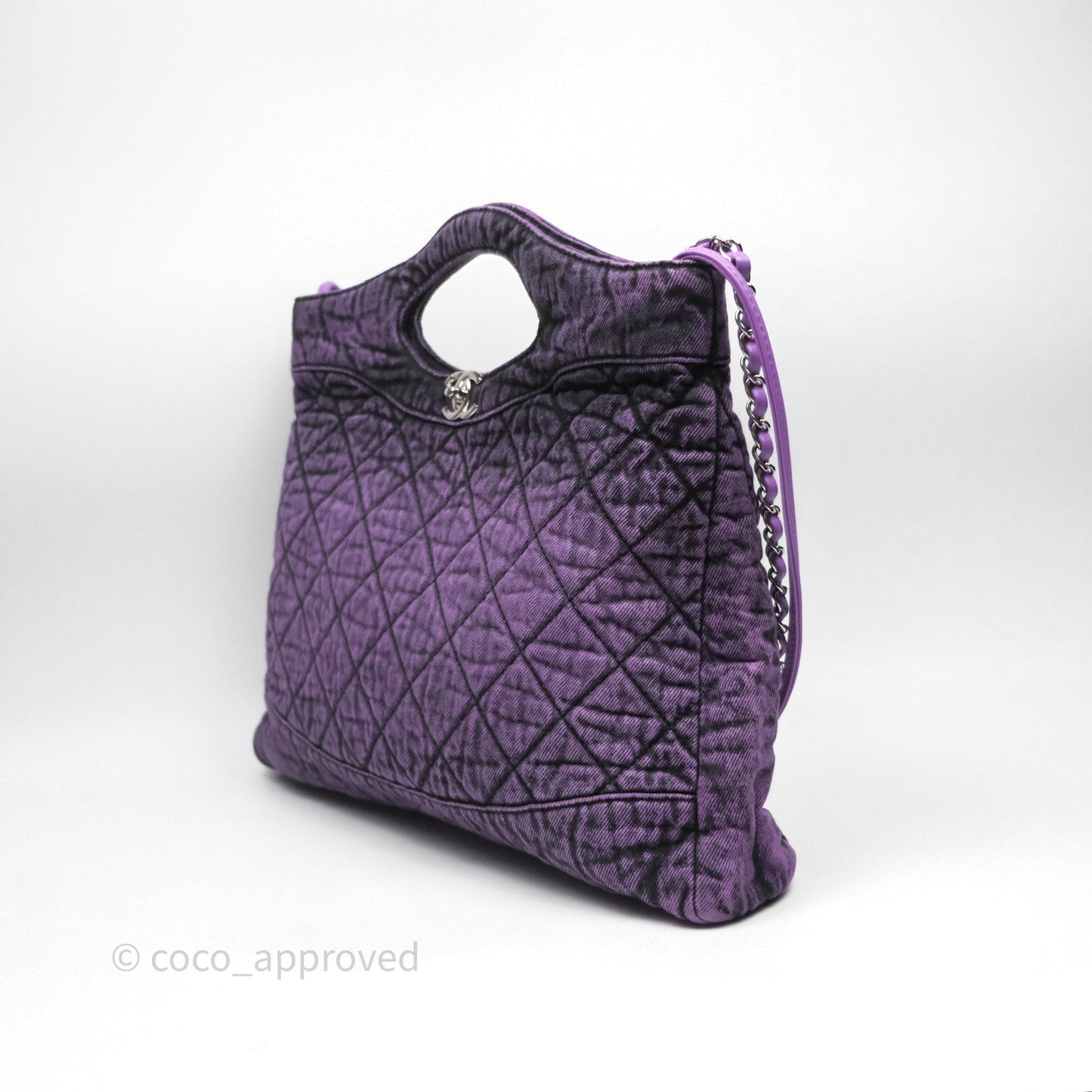 Chanel 31 Large Shopping Bag Quilted Denimpression Purple Black Silver Hardware