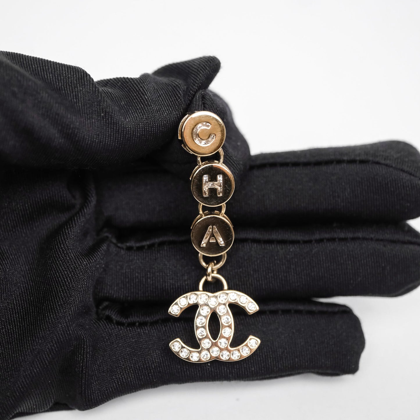 Chanel CC Logo Crystal Gold Tone Drop Earrings 24B