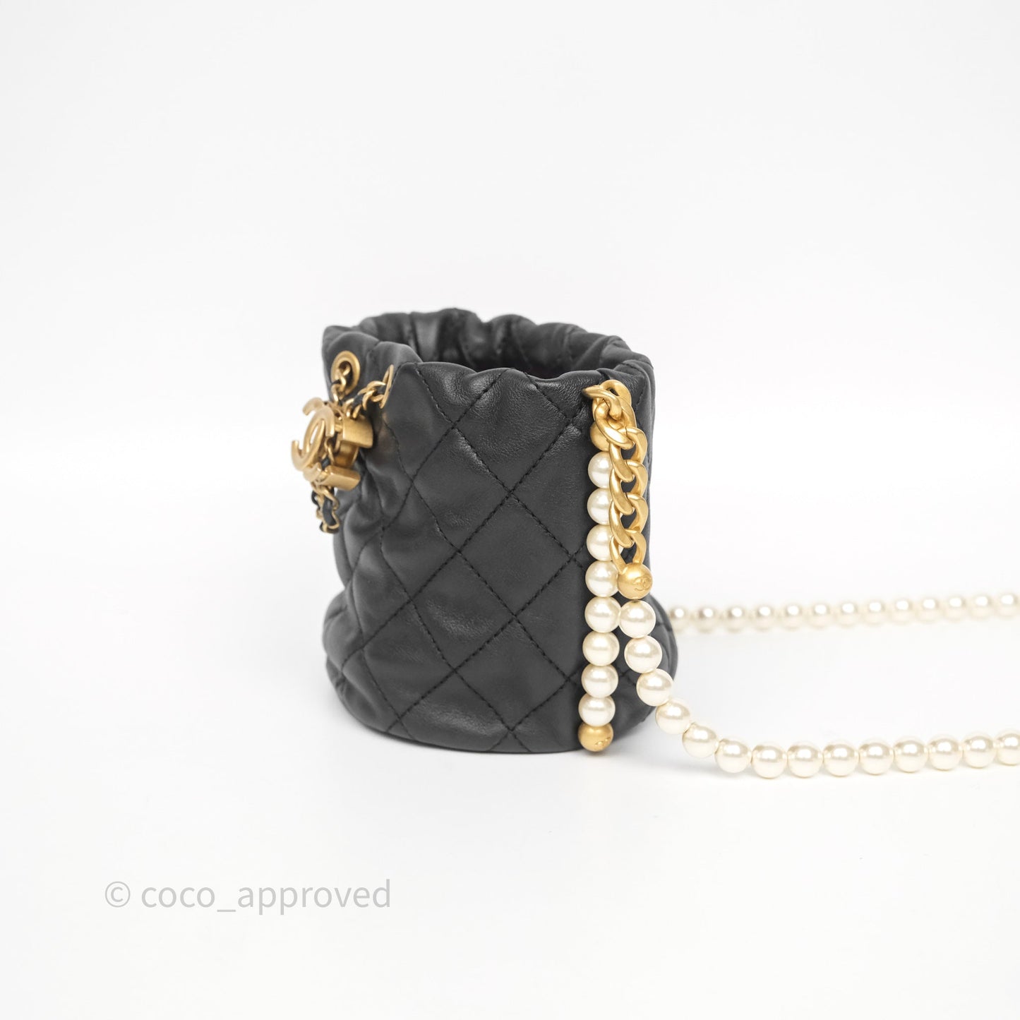 Chanel Quilted Pearl Mini About Pearls Drawstring Bucket Bag Black Calfskin