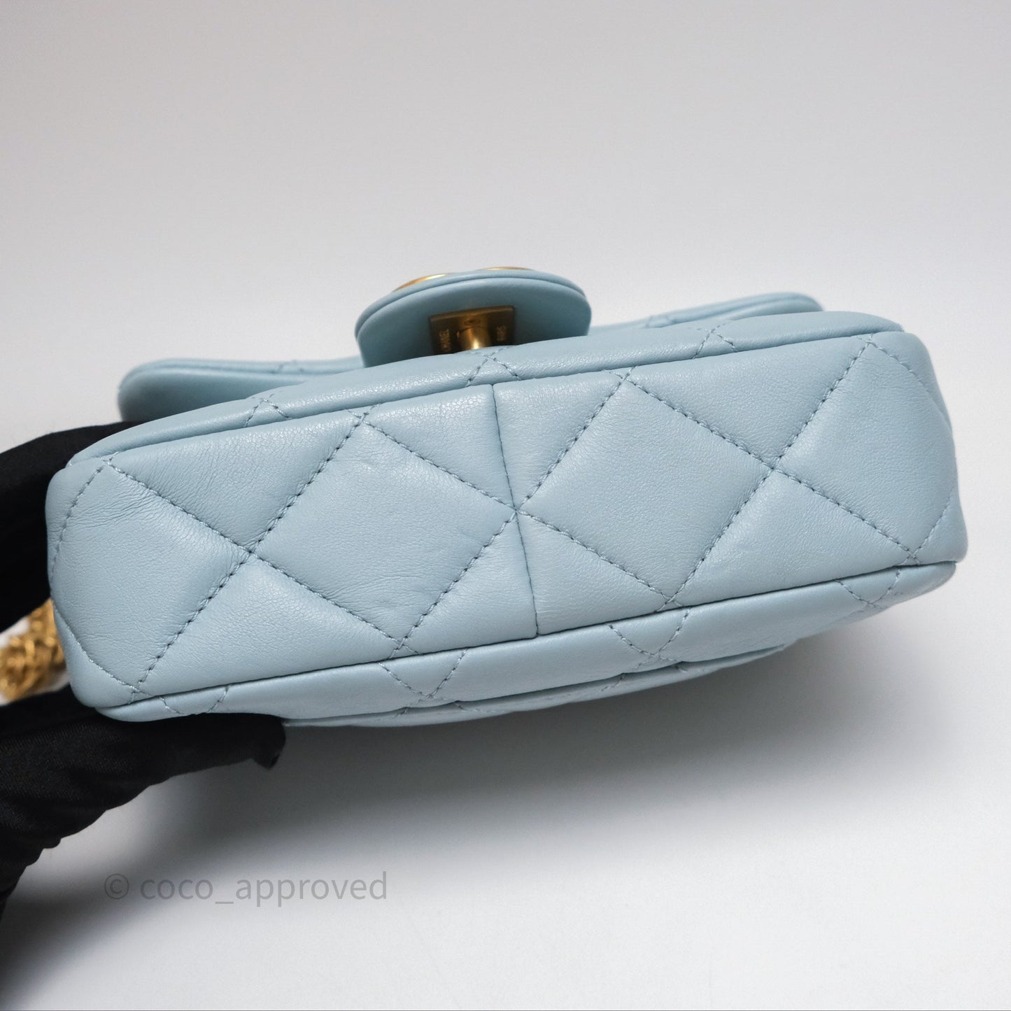 Chanel Quilted Enamel Pending CC Mini Square Flap Baby Blue Lambskin 22P