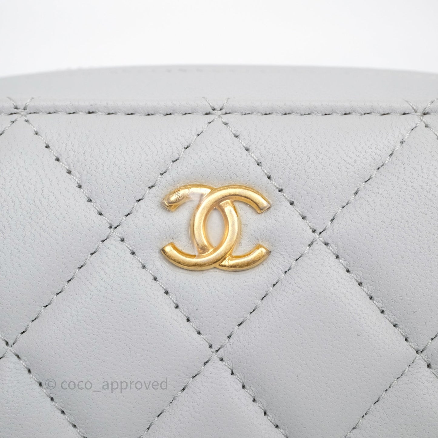 Chanel Quilted CC Pearl Crush Camera Case Light Blue Grey Lambskin Aged Gold Hardware
