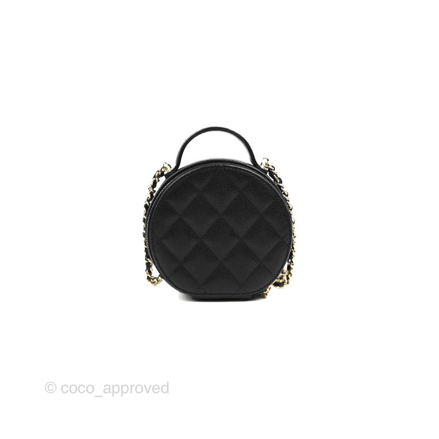 Chanel Mini Round Vanity Bag Handle With Care Black Caviar 22C