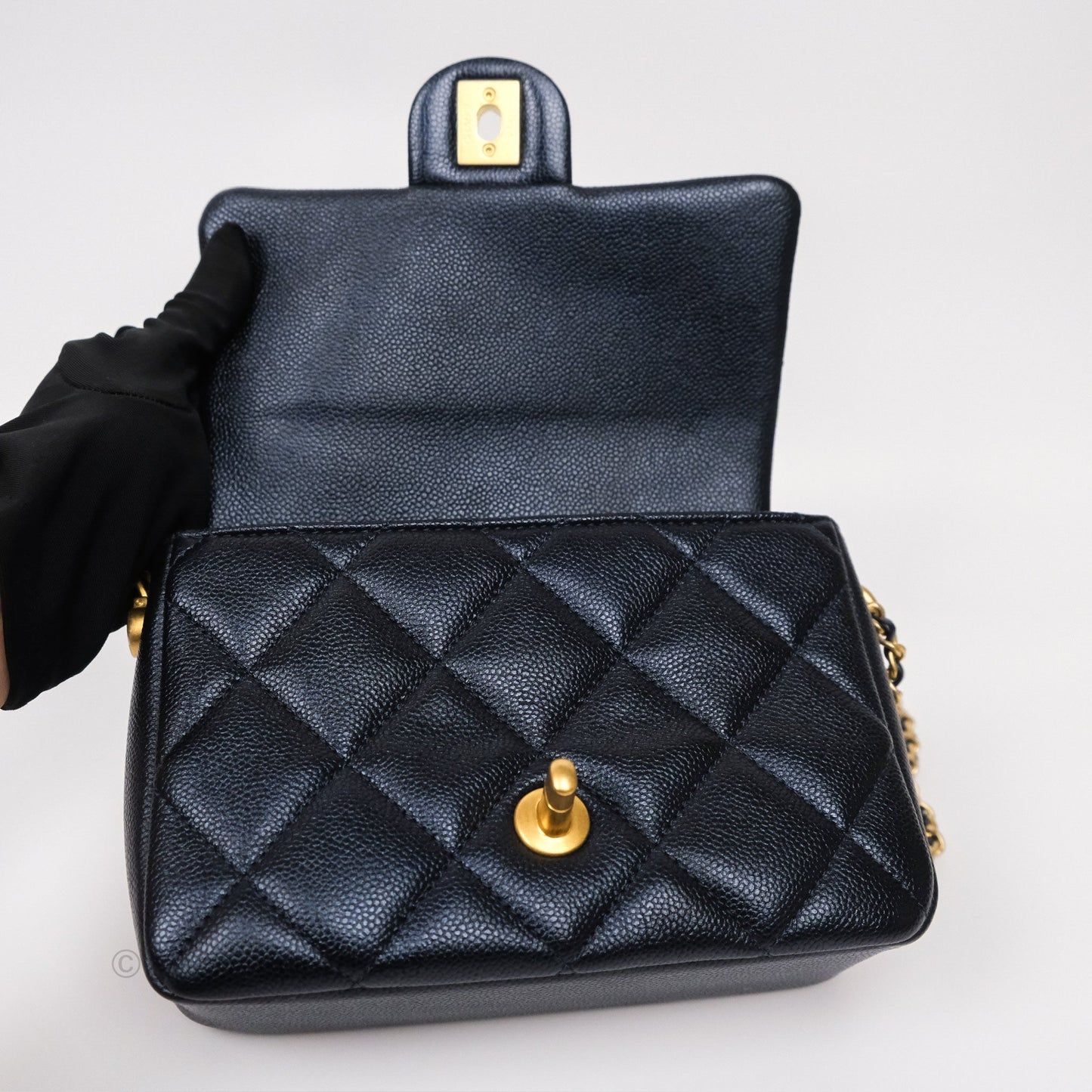 Chanel My Perfect Mini Flap Quilted Iridescent Navy Caviar Aged Gold Hardware