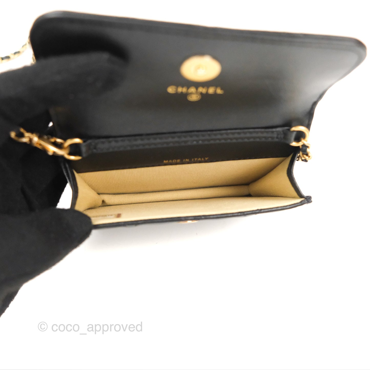 Chanel Pearl Crush Mini Clutch With Chain Black Lambskin Aged Gold Hardware