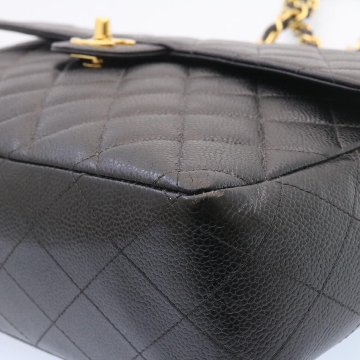 CHANEL Big Matelasse Flap Chain Shoulder Bag Caviar Skin Black Gold  25984A
