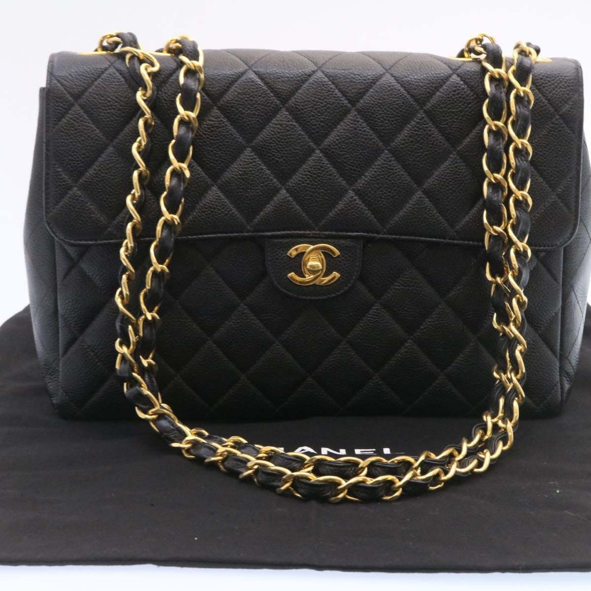 CHANEL Big Matelasse Flap Chain Shoulder Bag Caviar Skin Black Gold  25984A